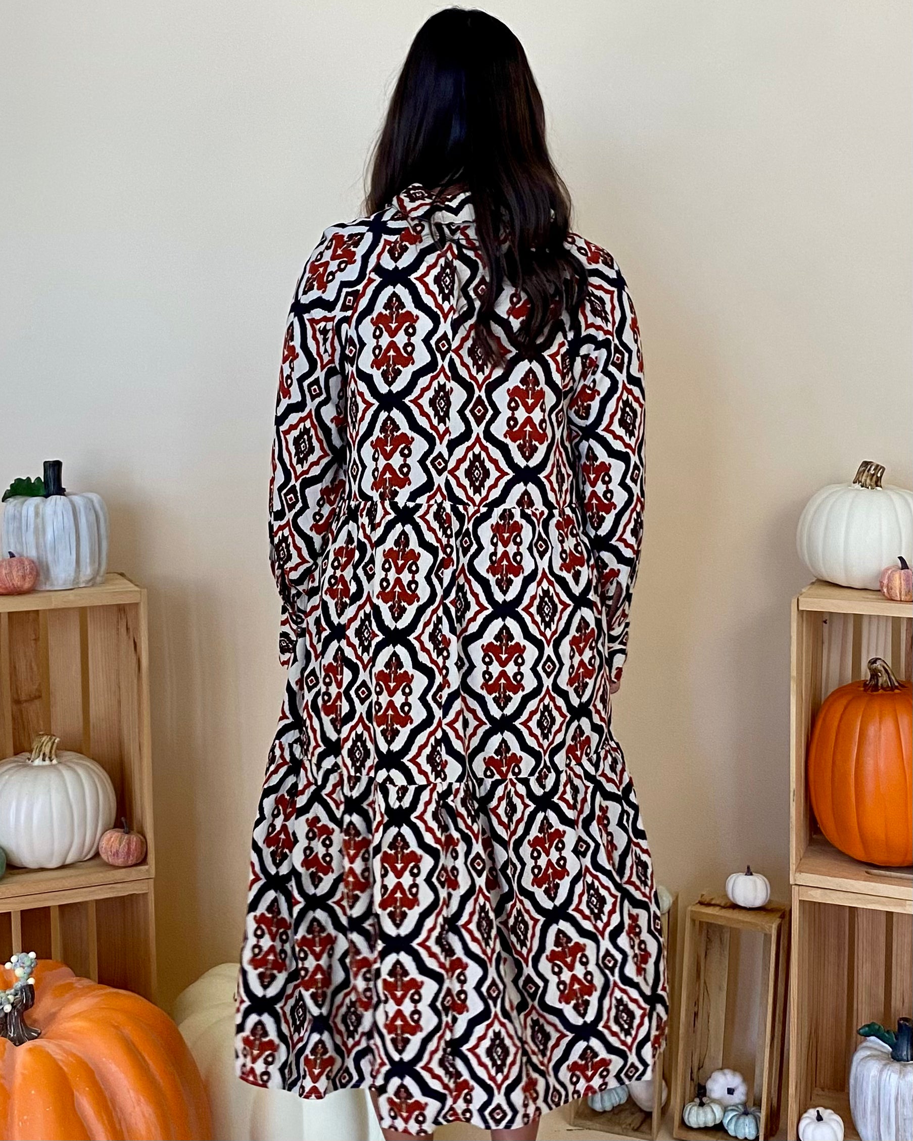 Listen Intently Rust Retro Print Midi Dress-Shop-Womens-Boutique-Clothing