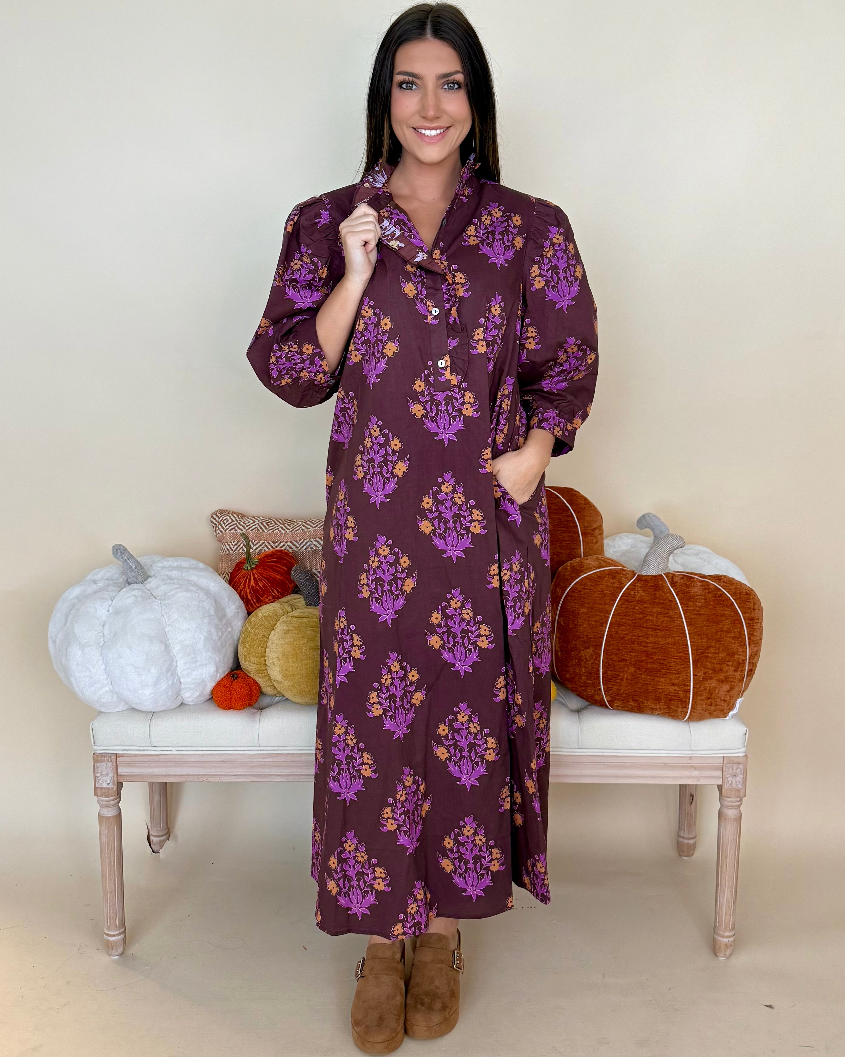 Blooming Gently Chocolate Print Ruffle Midi Dress-Shop-Womens-Boutique-Clothing