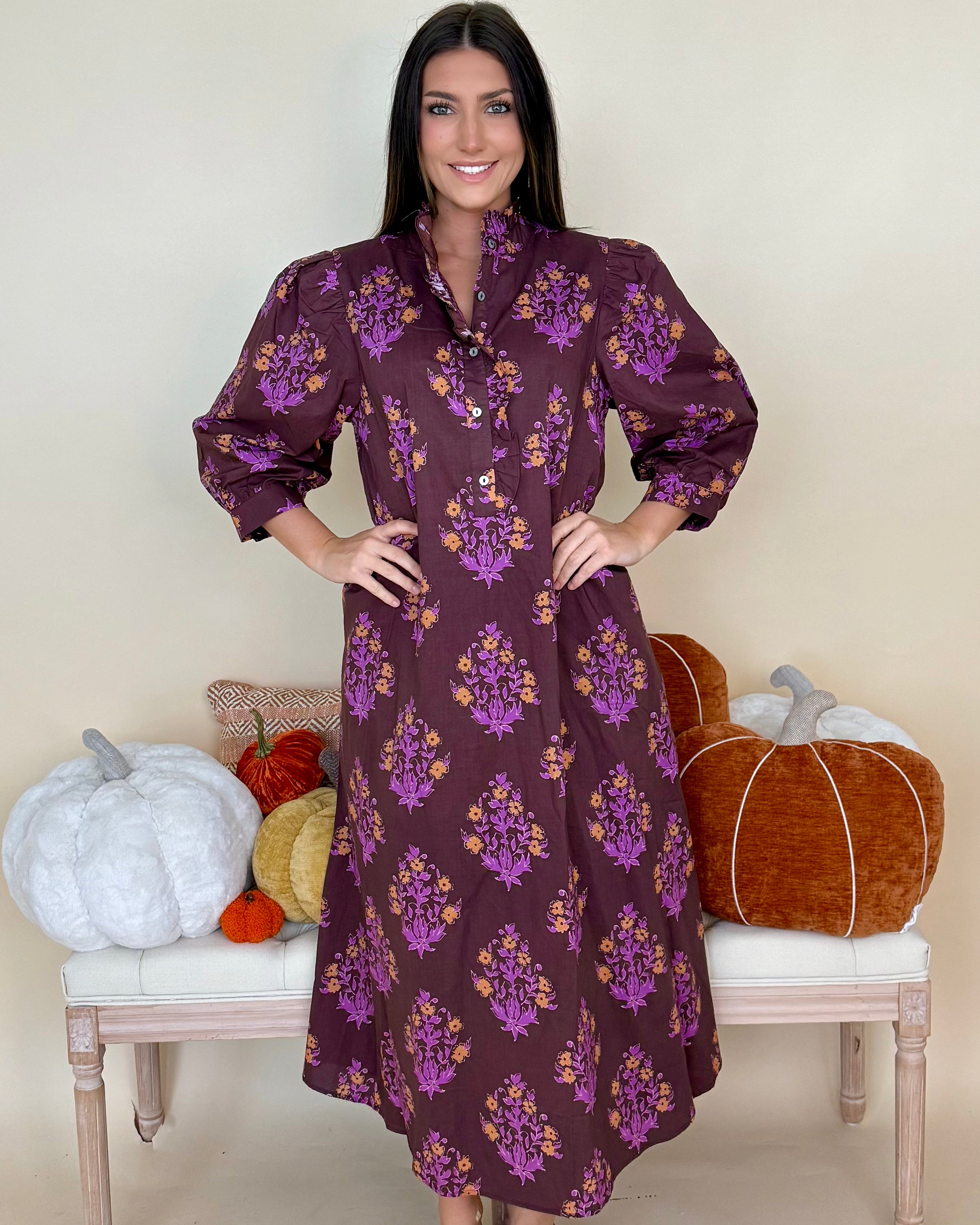 Blooming Gently Chocolate Print Ruffle Midi Dress-Shop-Womens-Boutique-Clothing