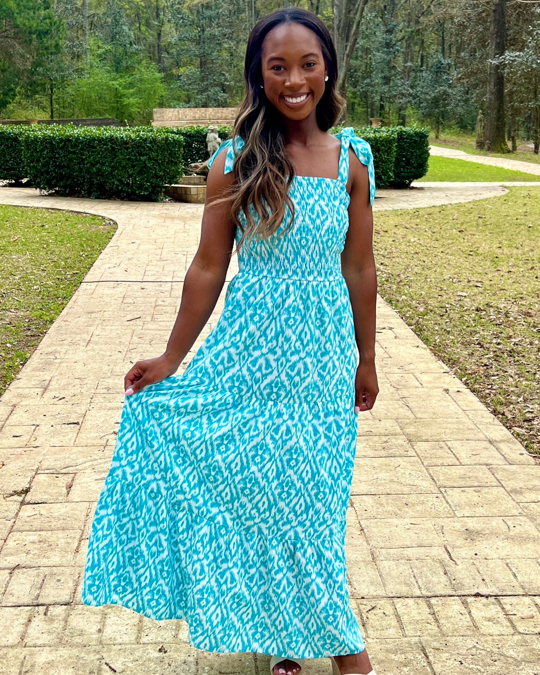 Fly By Aqua Smocked Print Maxi Dress-Shop-Womens-Boutique-Clothing