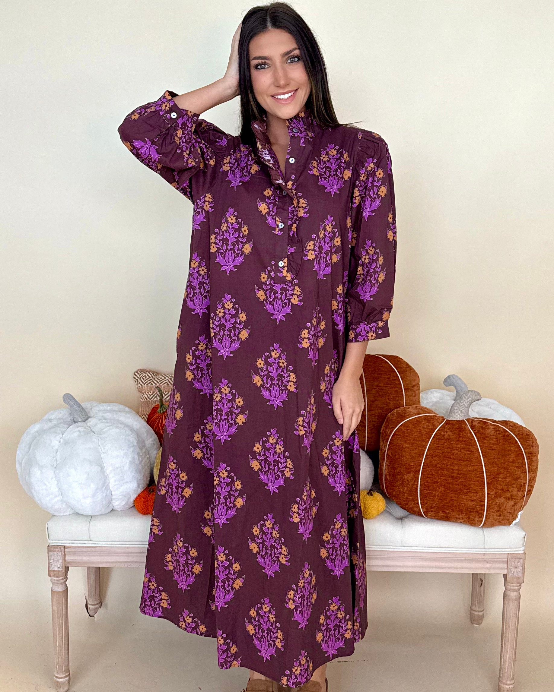 Blooming Gently Chocolate Print Ruffle Midi Dress-Shop-Womens-Boutique-Clothing