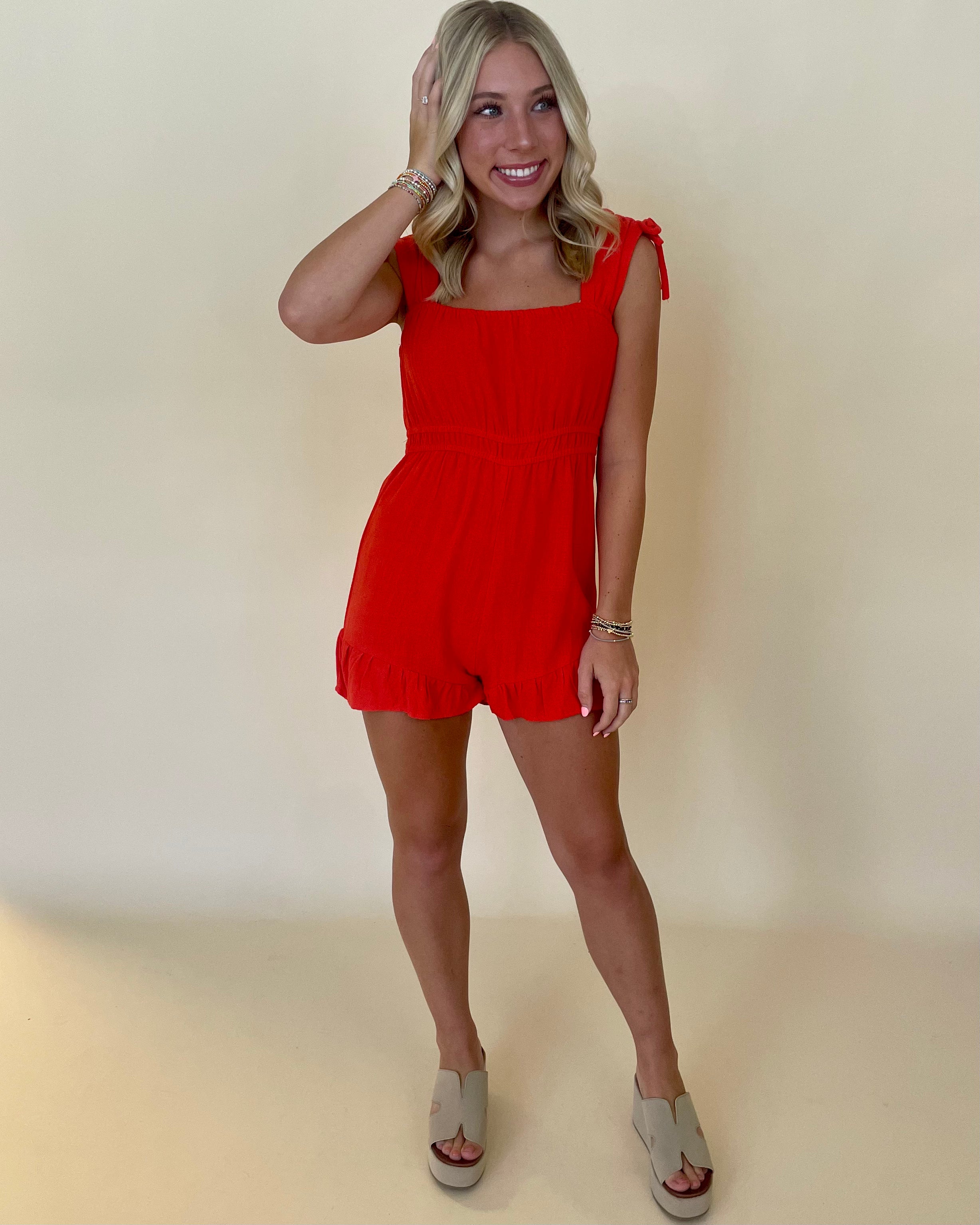 Always Ready Tomato Ruffle Romper-Shop-Womens-Boutique-Clothing