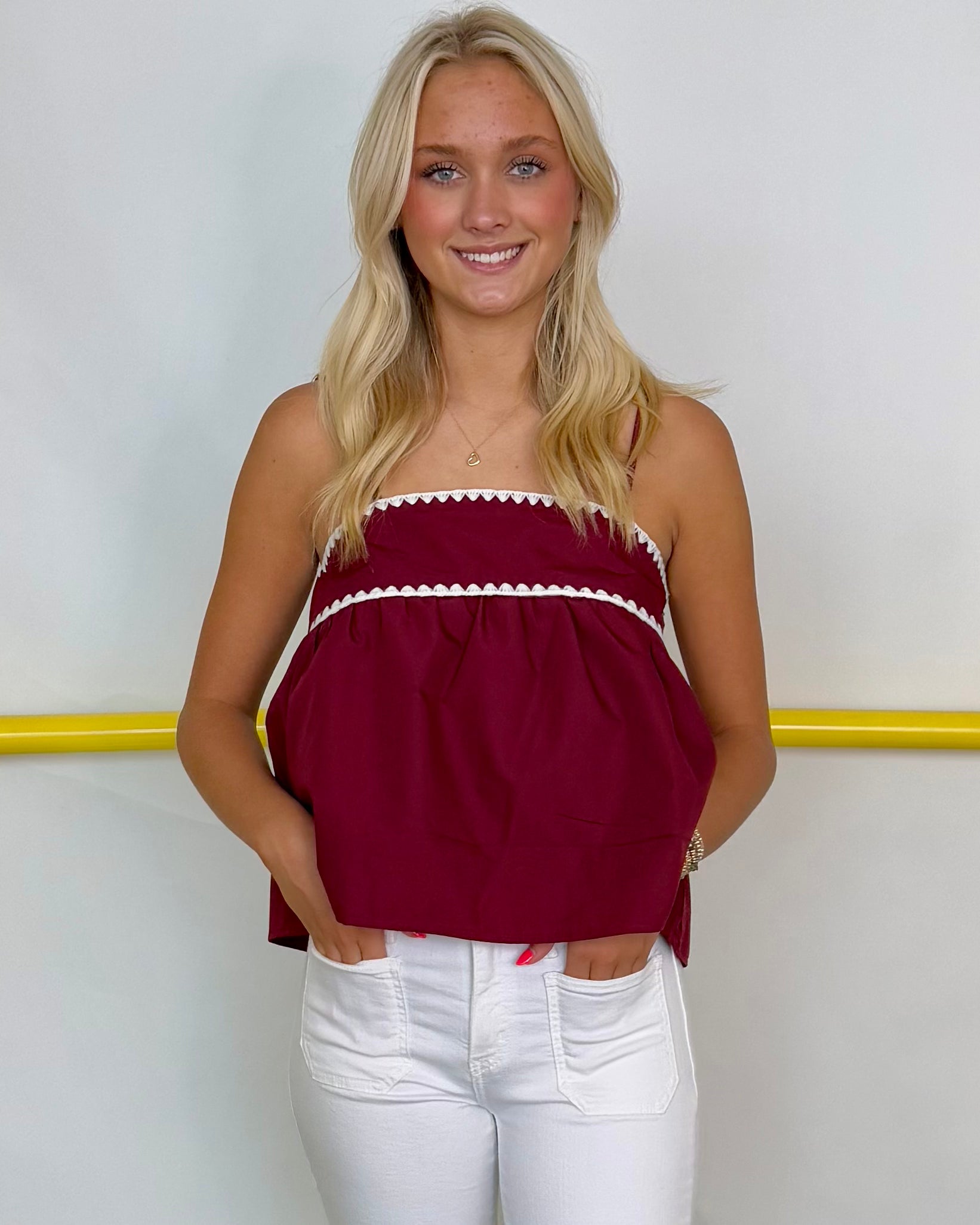All Good Signs Burgundy Stitch Babydoll Top-Shop-Womens-Boutique-Clothing