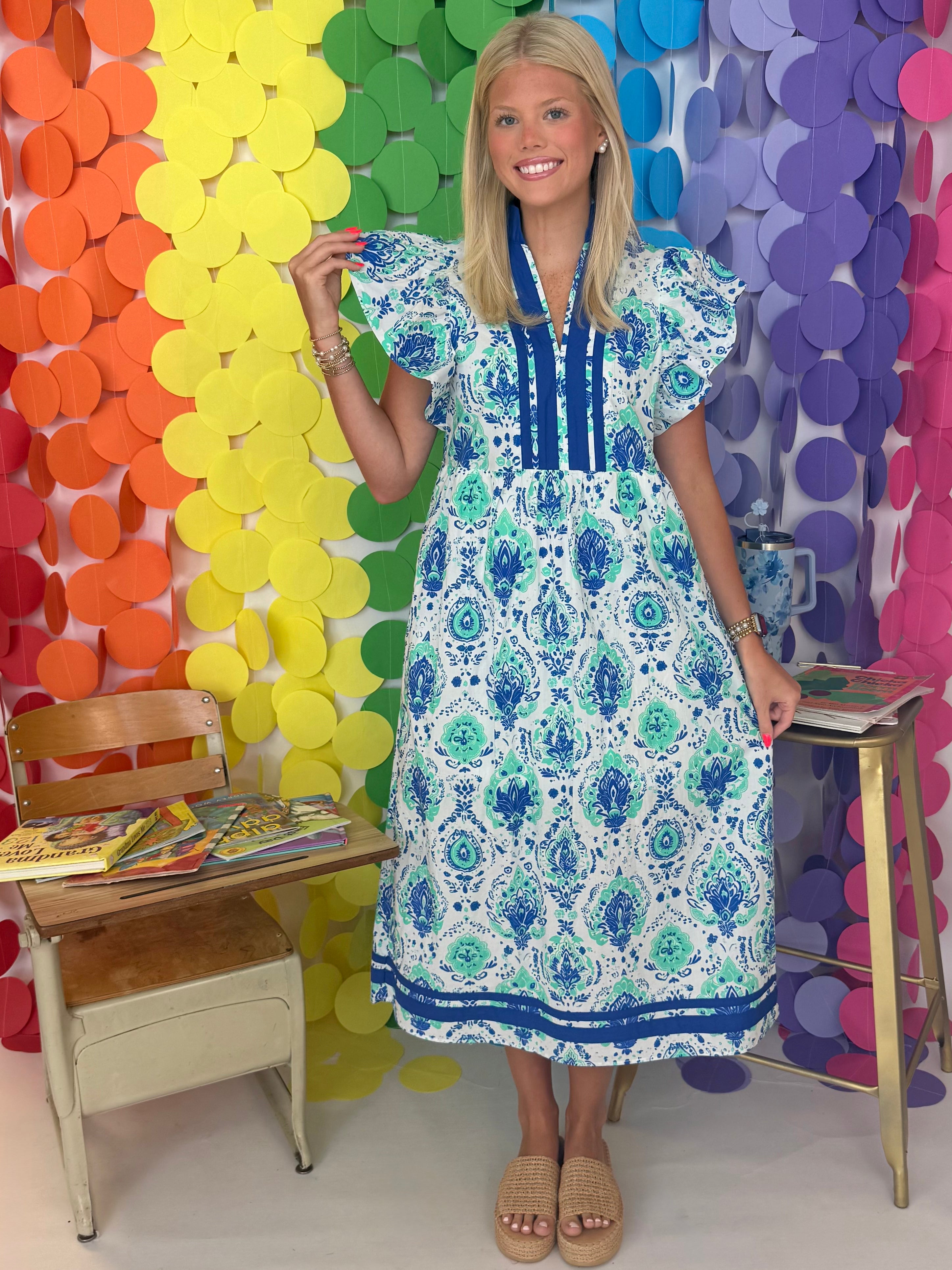 Brightly You Blue Botanical Flutter Midi Dress-Shop-Womens-Boutique-Clothing