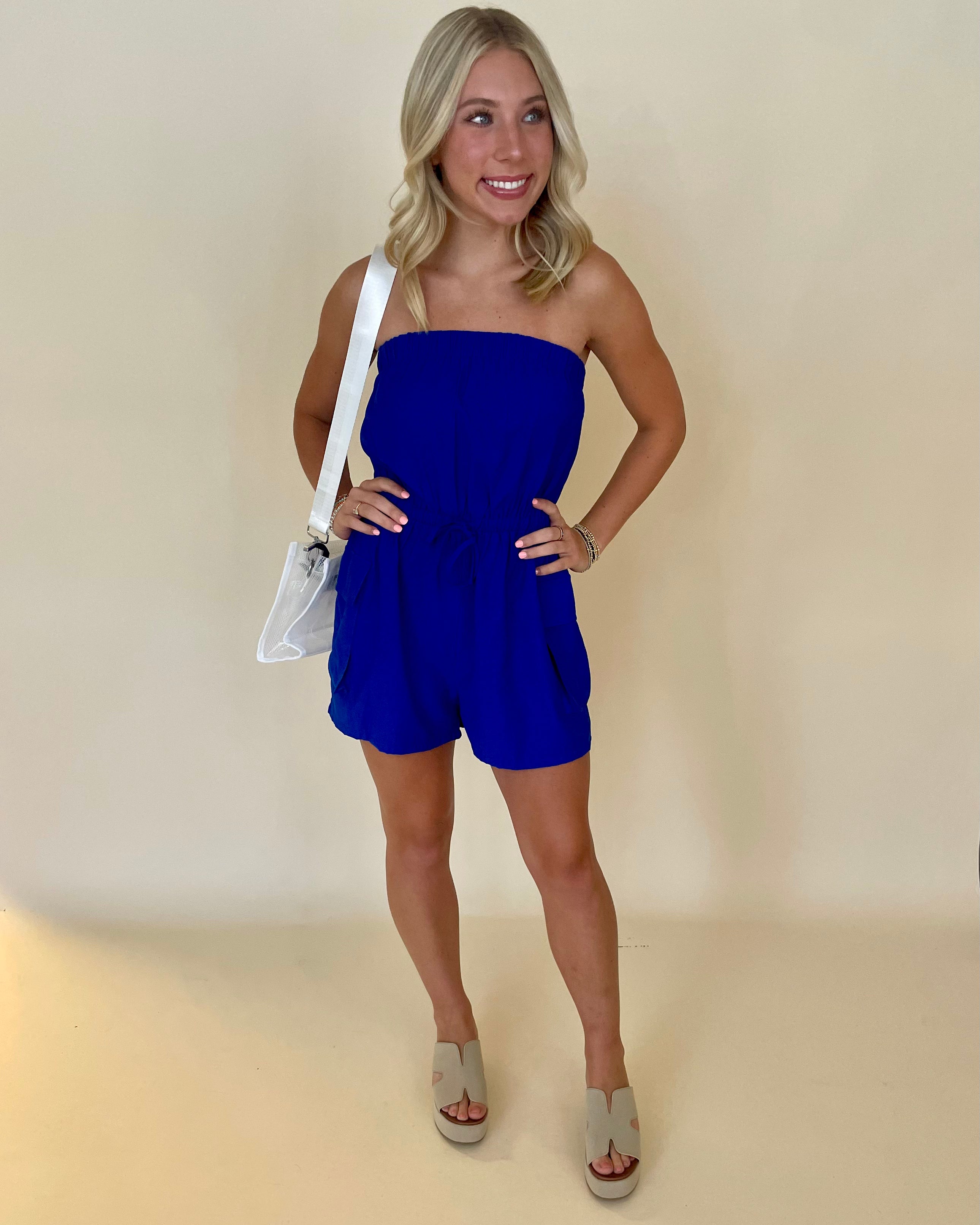 Pass The Ball Royal Blue Cargo Romper-Shop-Womens-Boutique-Clothing