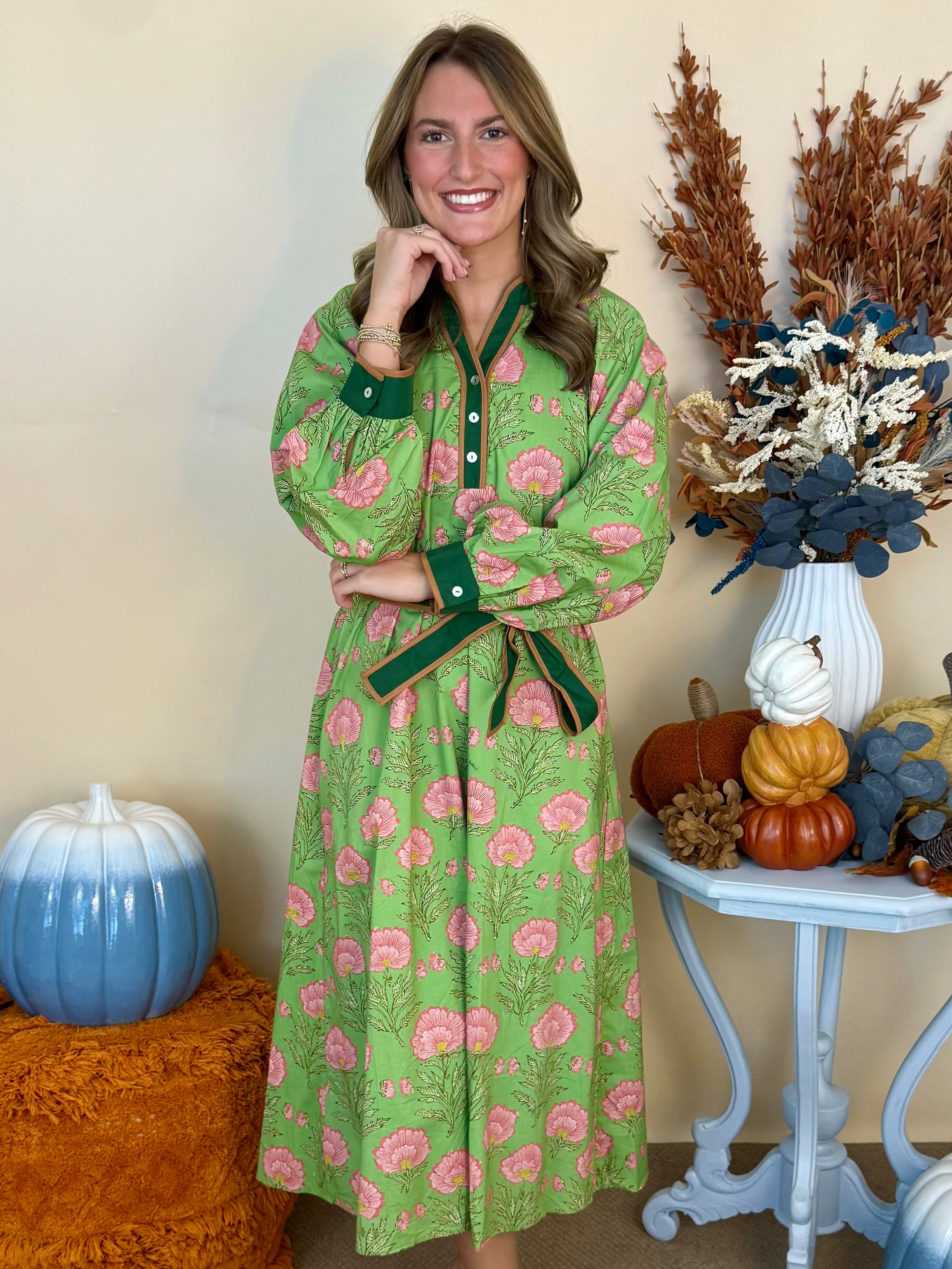 Uptown Charm Apple Green Floral Button Up Midi Dress-Shop-Womens-Boutique-Clothing