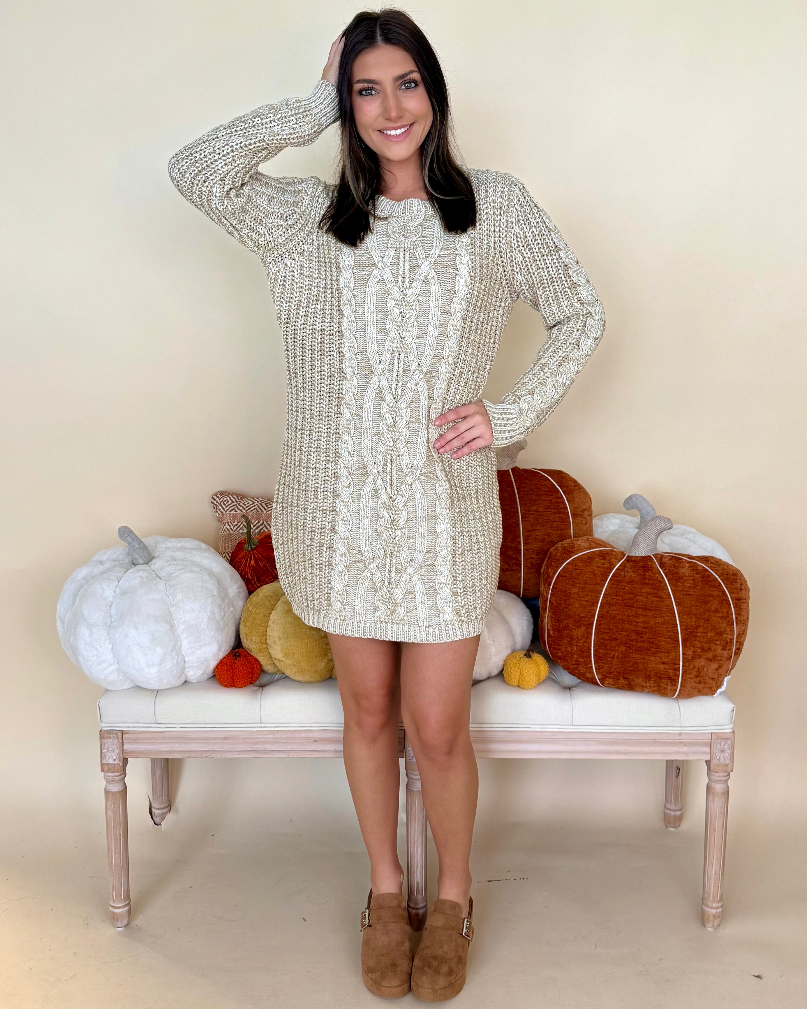 Marvelous Time Oatmeal Cable Knit Dress-Shop-Womens-Boutique-Clothing