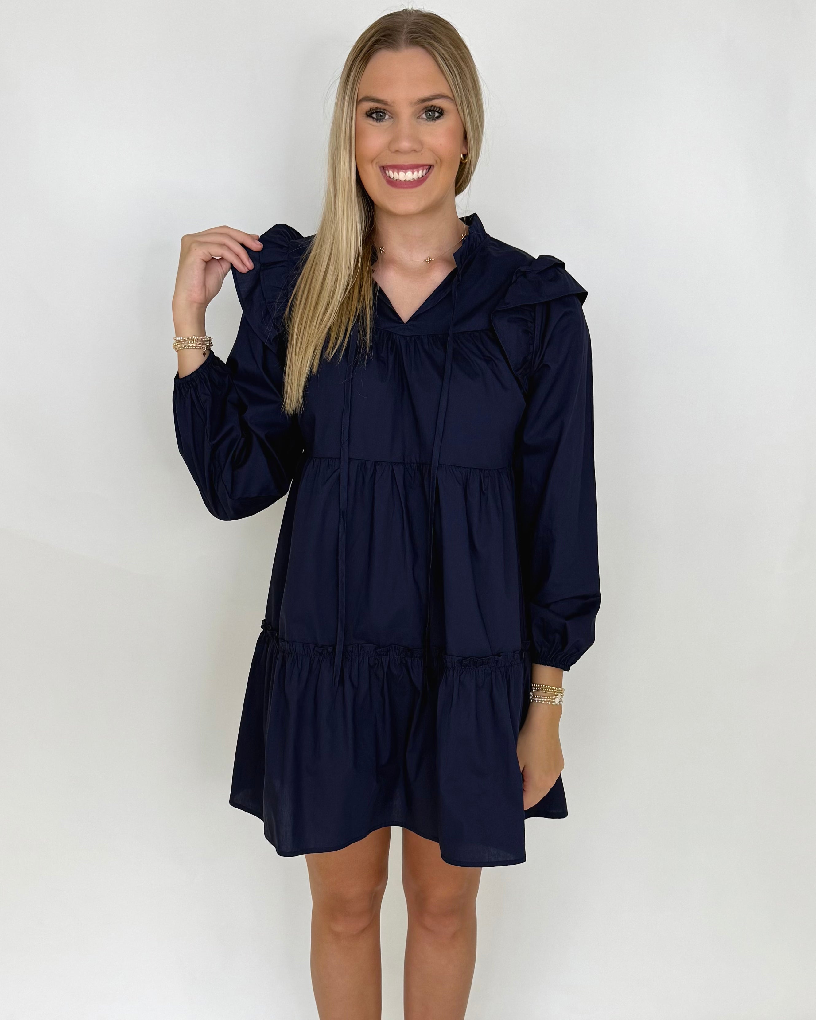 Making Promises Navy Ruffle Dress-Shop-Womens-Boutique-Clothing