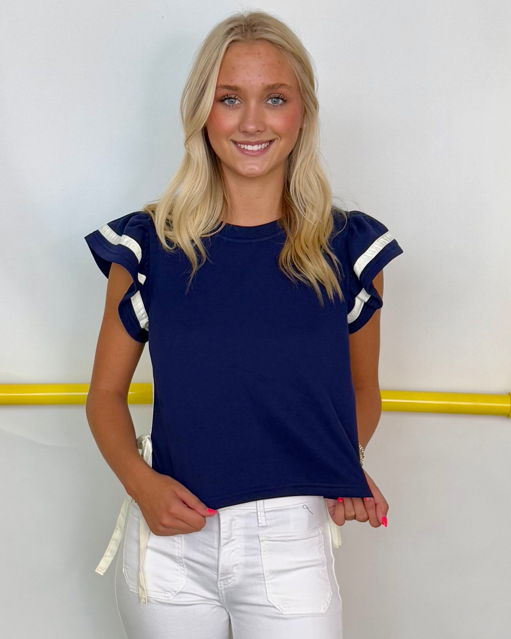 Let's Get Going Navy Flutter Top-Shop-Womens-Boutique-Clothing