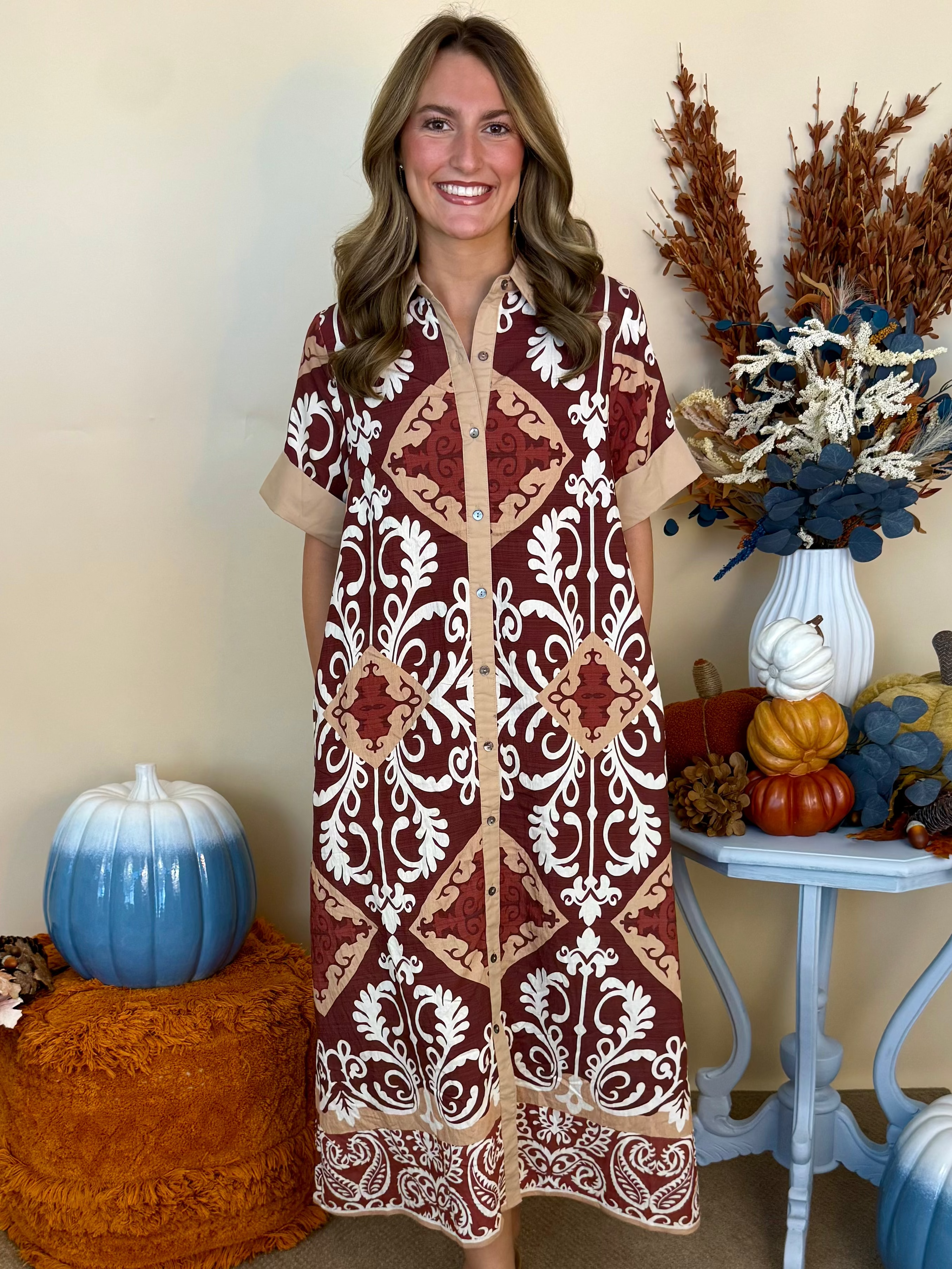 Harvest Days Cinnamon Scroll Print Dress-Shop-Womens-Boutique-Clothing