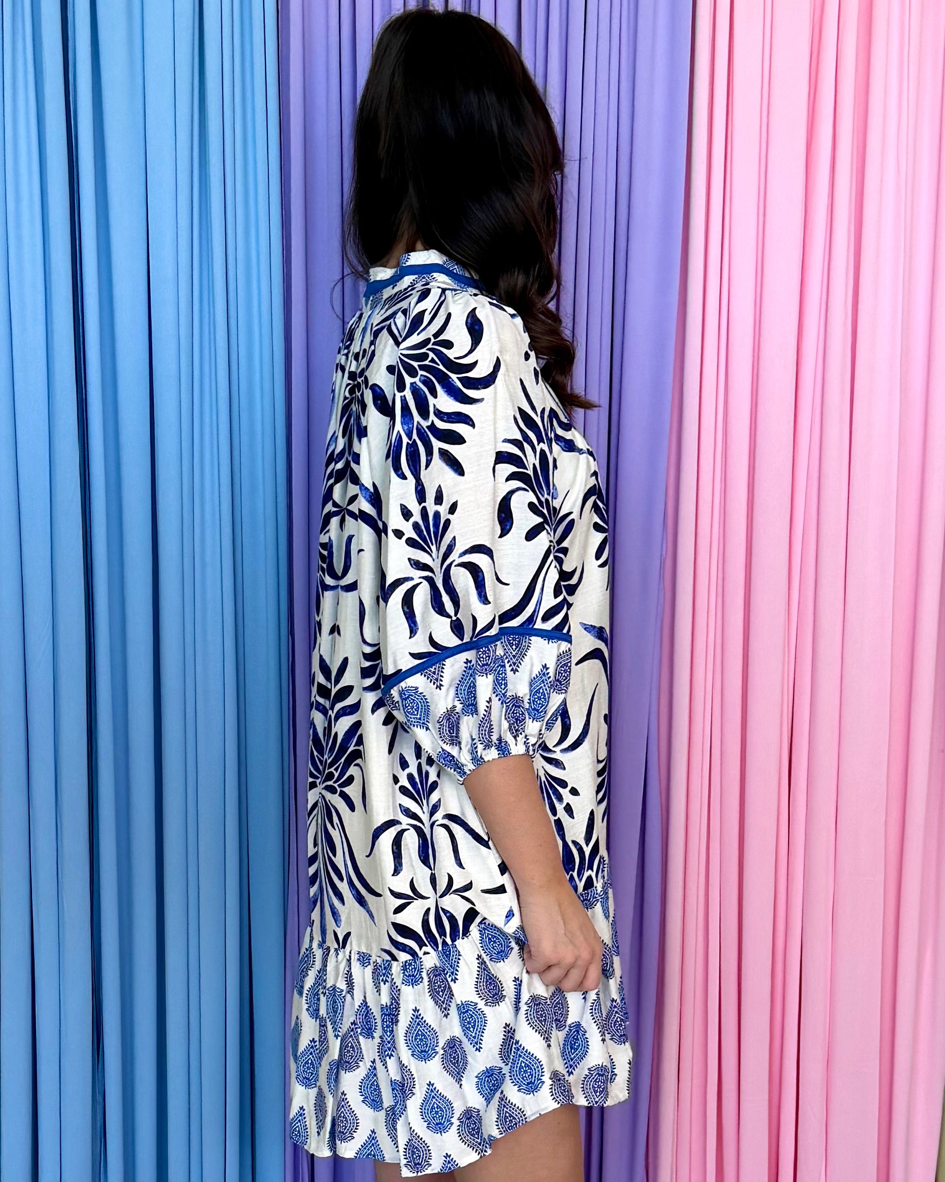 So Thankful Blue Mix Print Ruffle Babydoll Dress-Shop-Womens-Boutique-Clothing