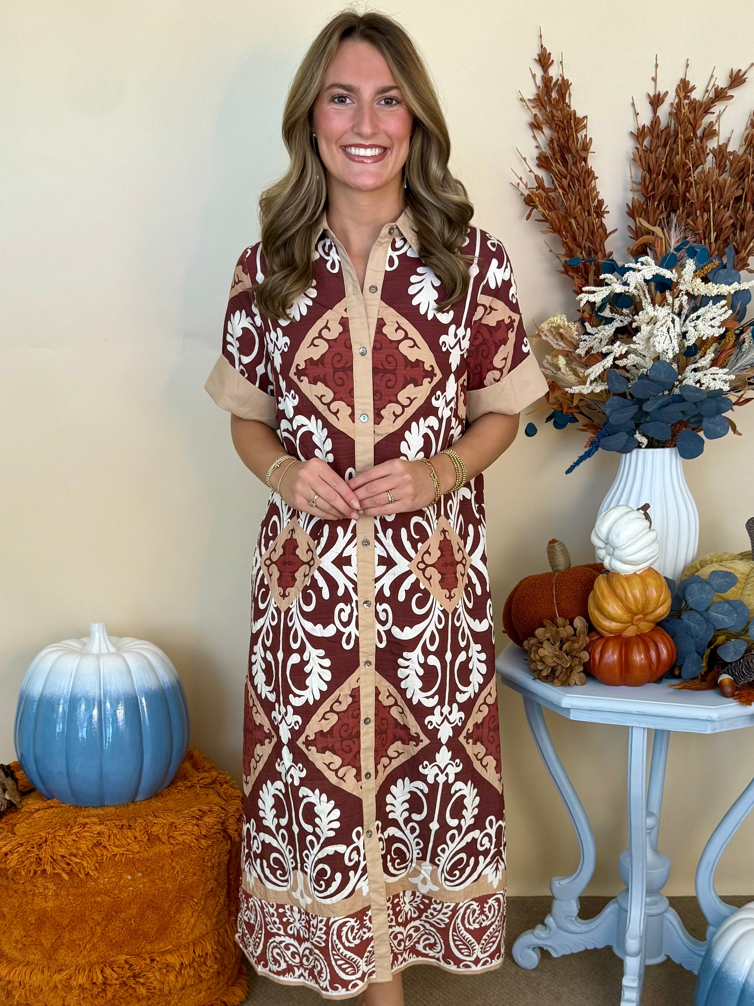 Harvest Days Cinnamon Scroll Print Dress-Shop-Womens-Boutique-Clothing
