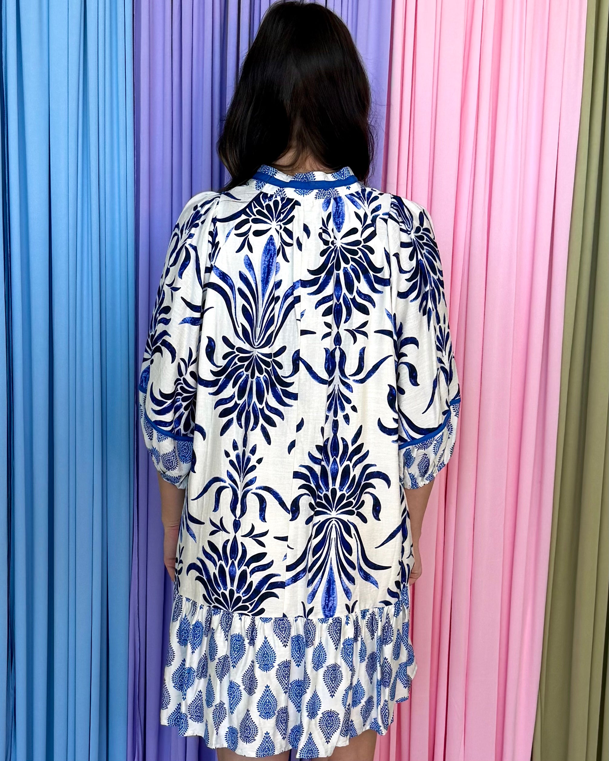 So Thankful Blue Mix Print Ruffle Babydoll Dress-Shop-Womens-Boutique-Clothing