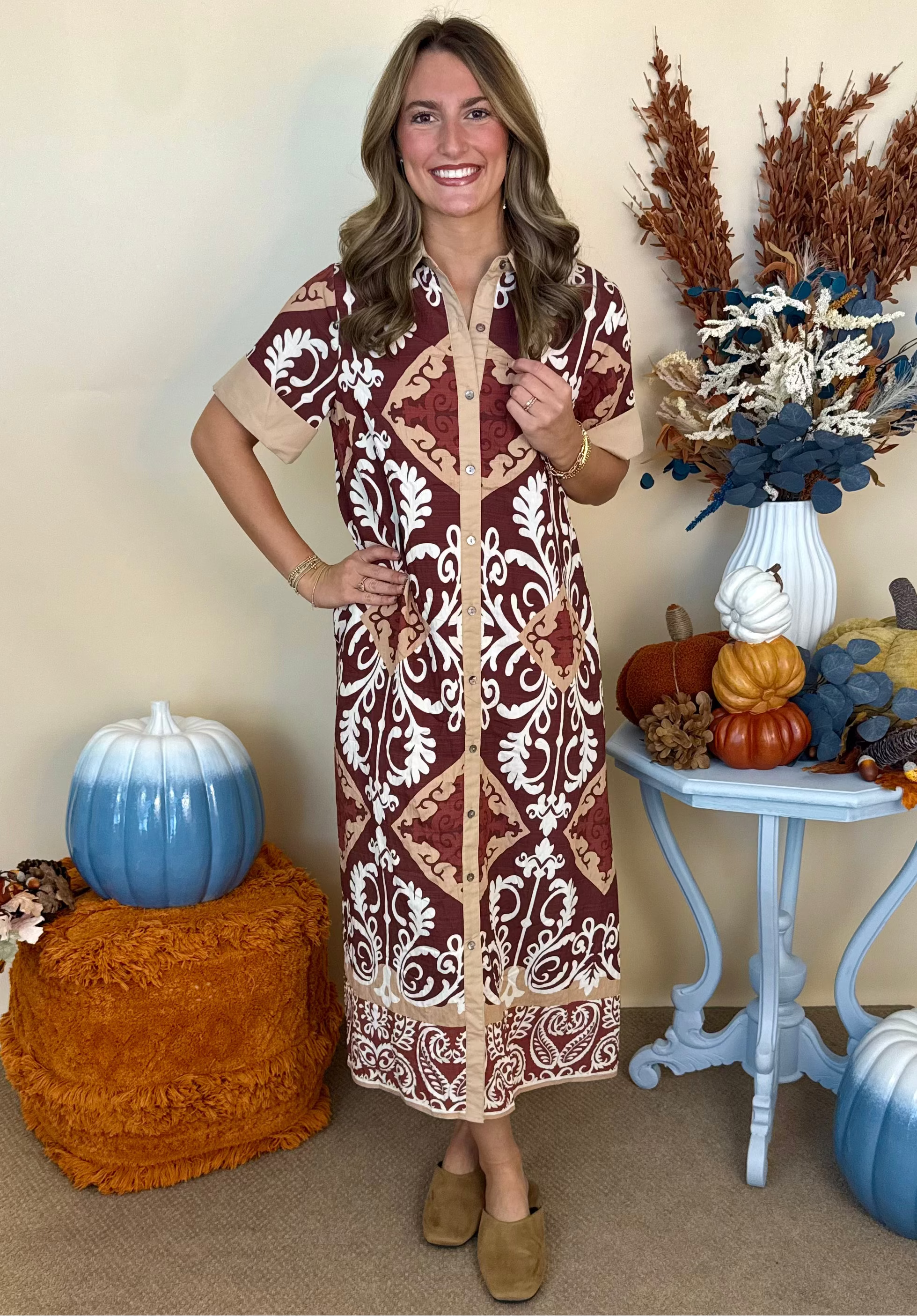 Harvest Days Cinnamon Scroll Print Dress-Shop-Womens-Boutique-Clothing