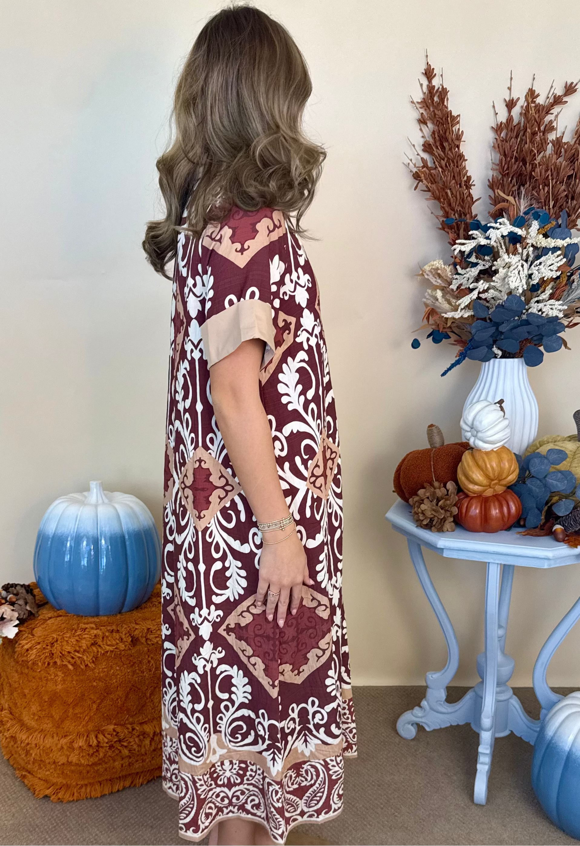 Harvest Days Cinnamon Scroll Print Dress-Shop-Womens-Boutique-Clothing