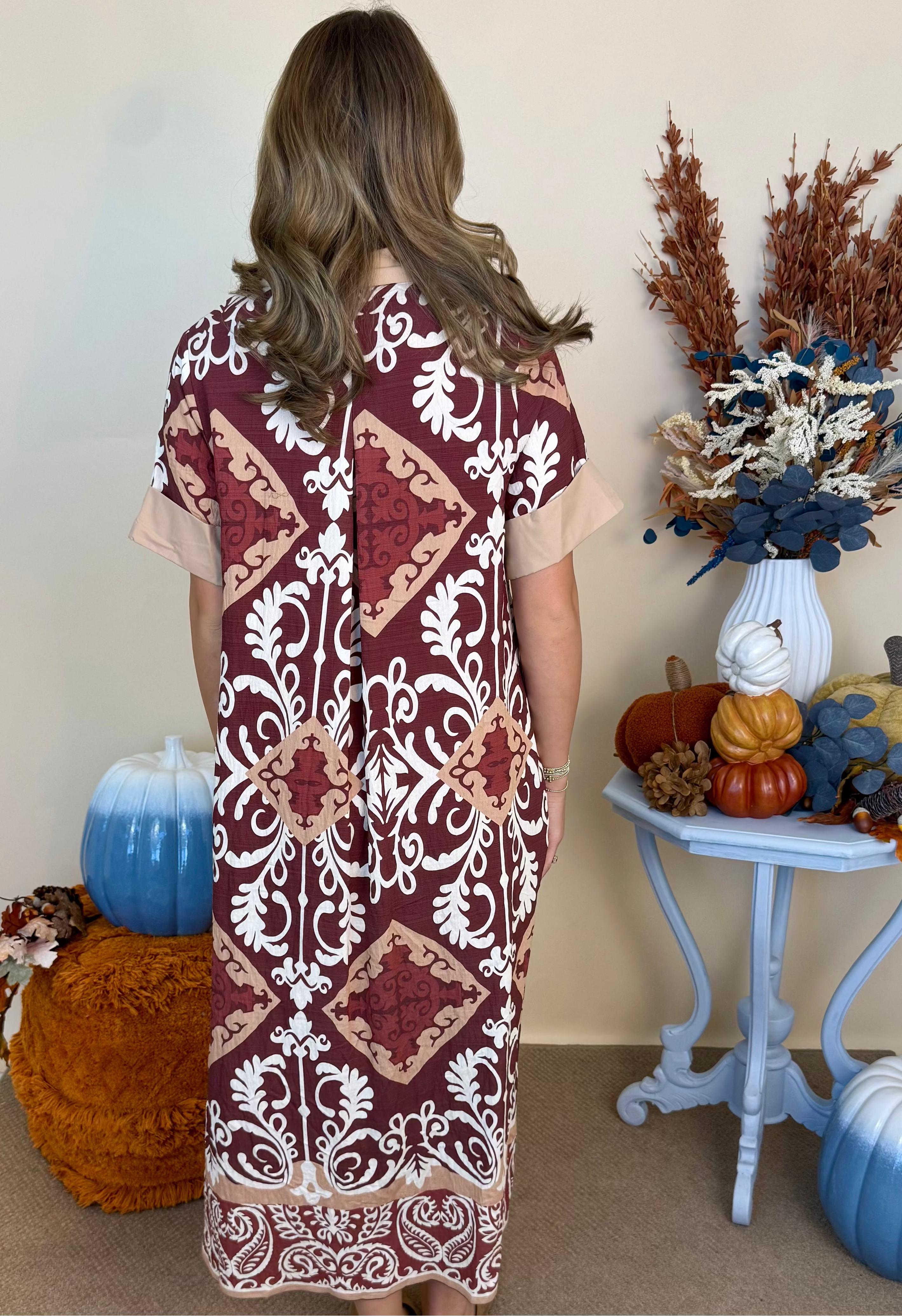 Harvest Days Cinnamon Scroll Print Dress-Shop-Womens-Boutique-Clothing