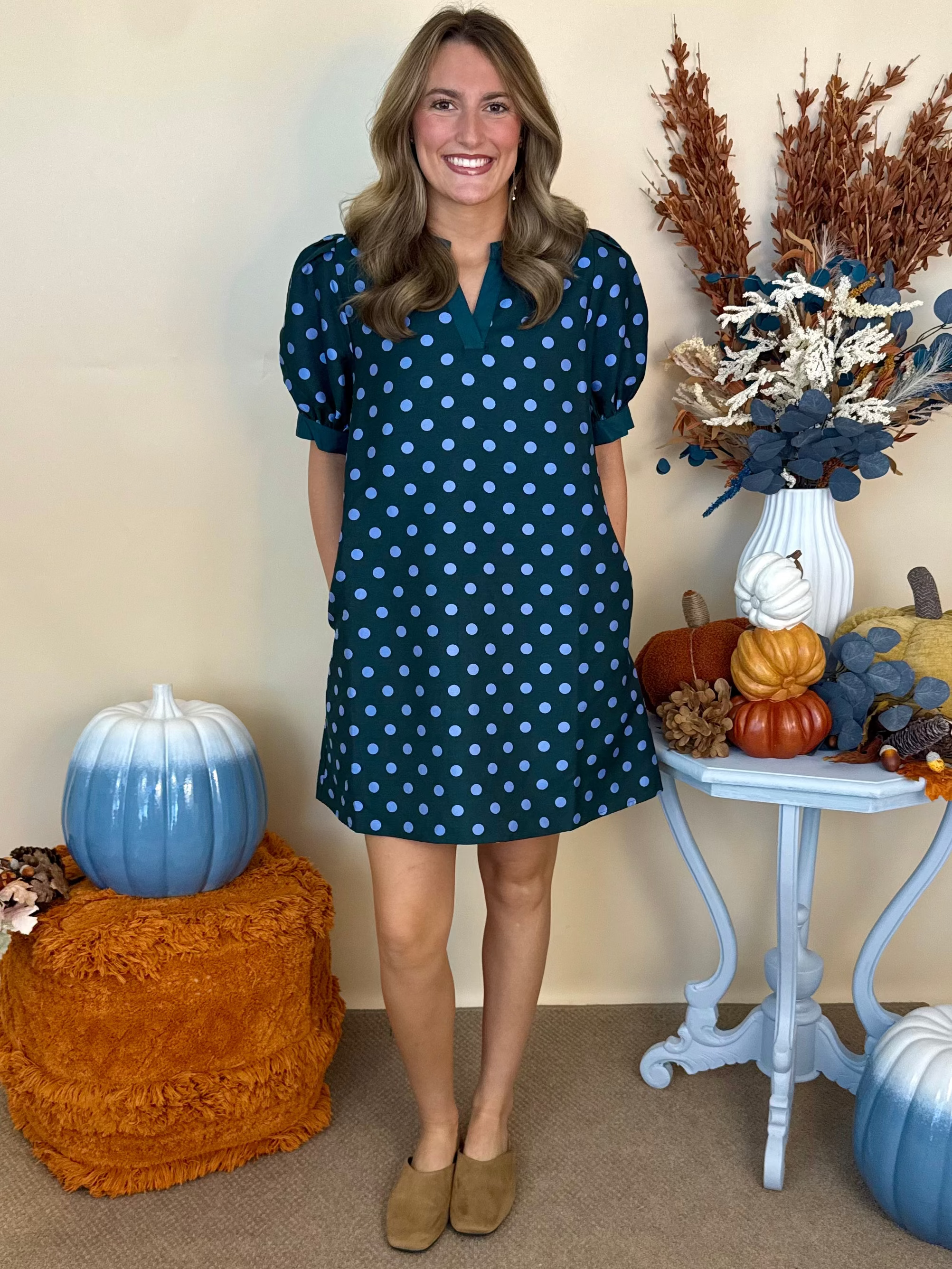 Timeless Charm Hunter Green Polka Dot V-Neck Dress-Shop-Womens-Boutique-Clothing