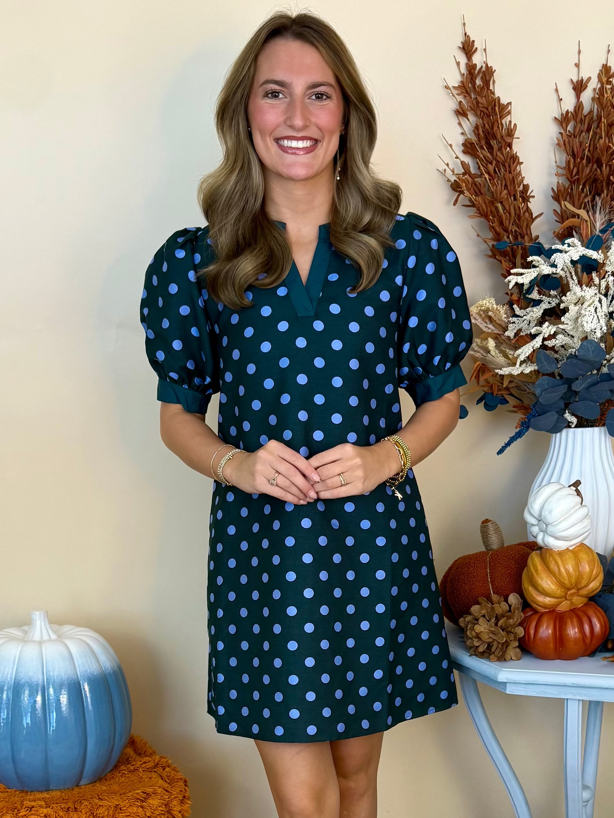 Timeless Charm Hunter Green Polka Dot V-Neck Dress-Shop-Womens-Boutique-Clothing