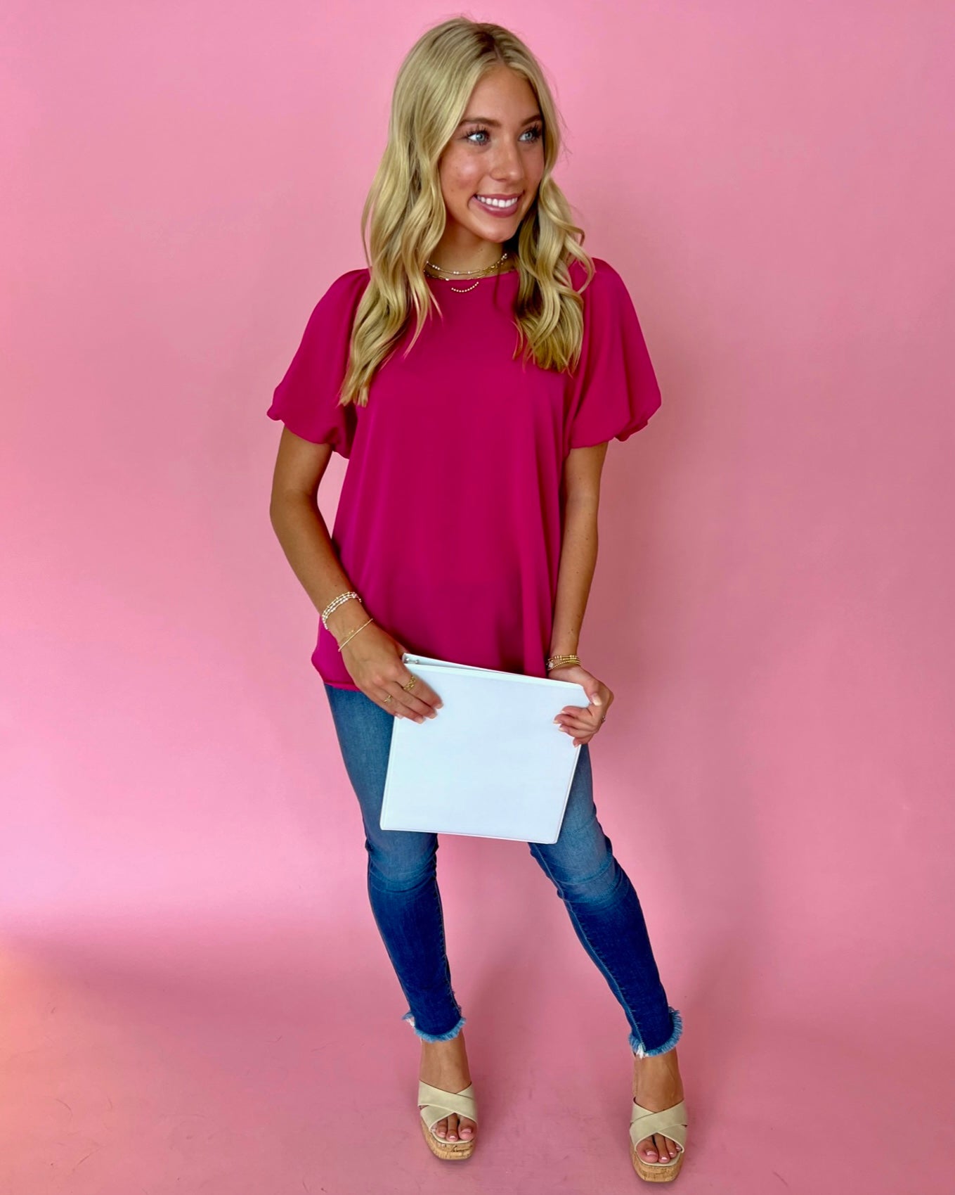 My Dearest Darling Fuchsia Puff Sleeve Round Neck Top-Shop-Womens-Boutique-Clothing