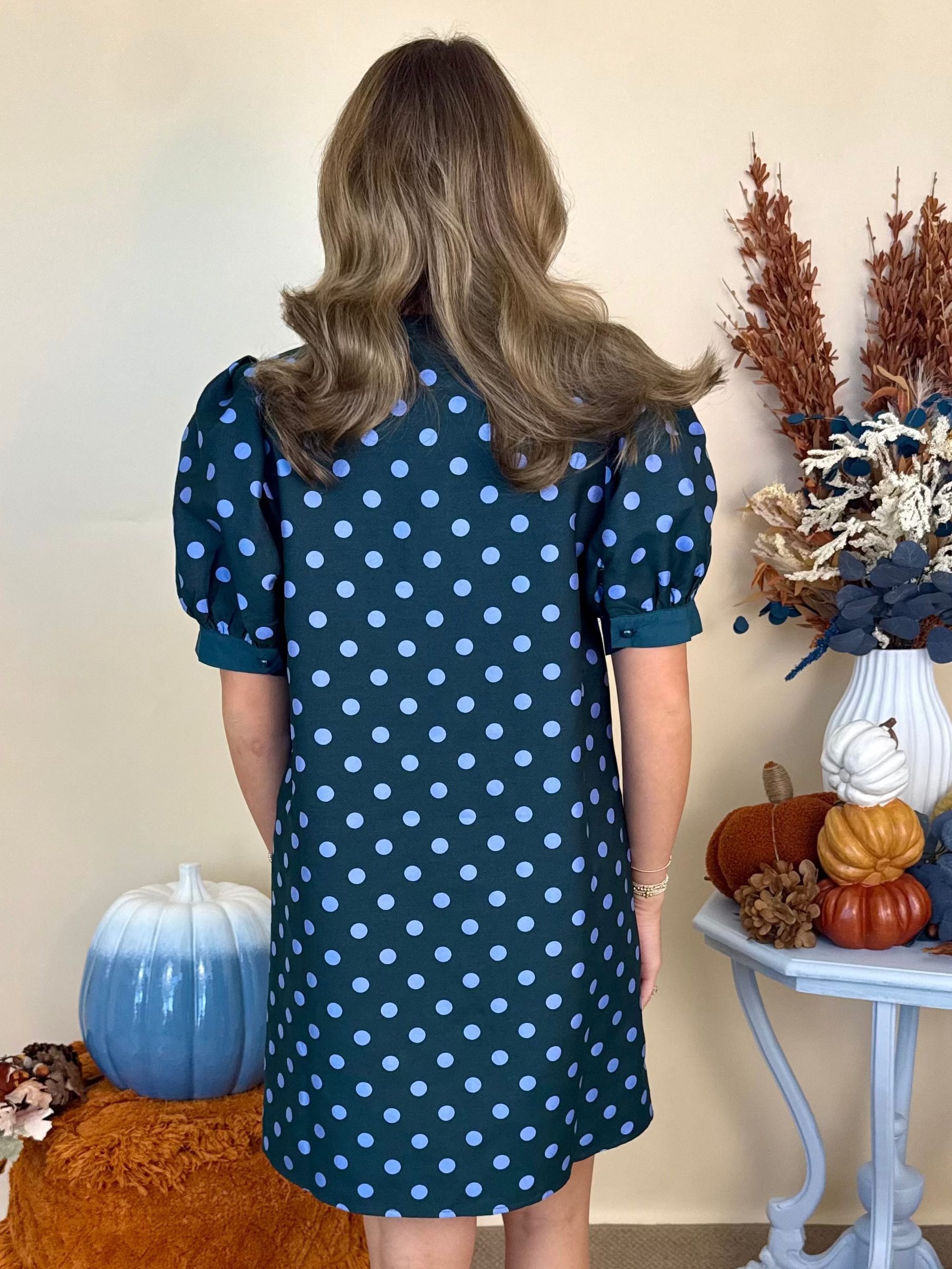 Timeless Charm Hunter Green Polka Dot V-Neck Dress-Shop-Womens-Boutique-Clothing