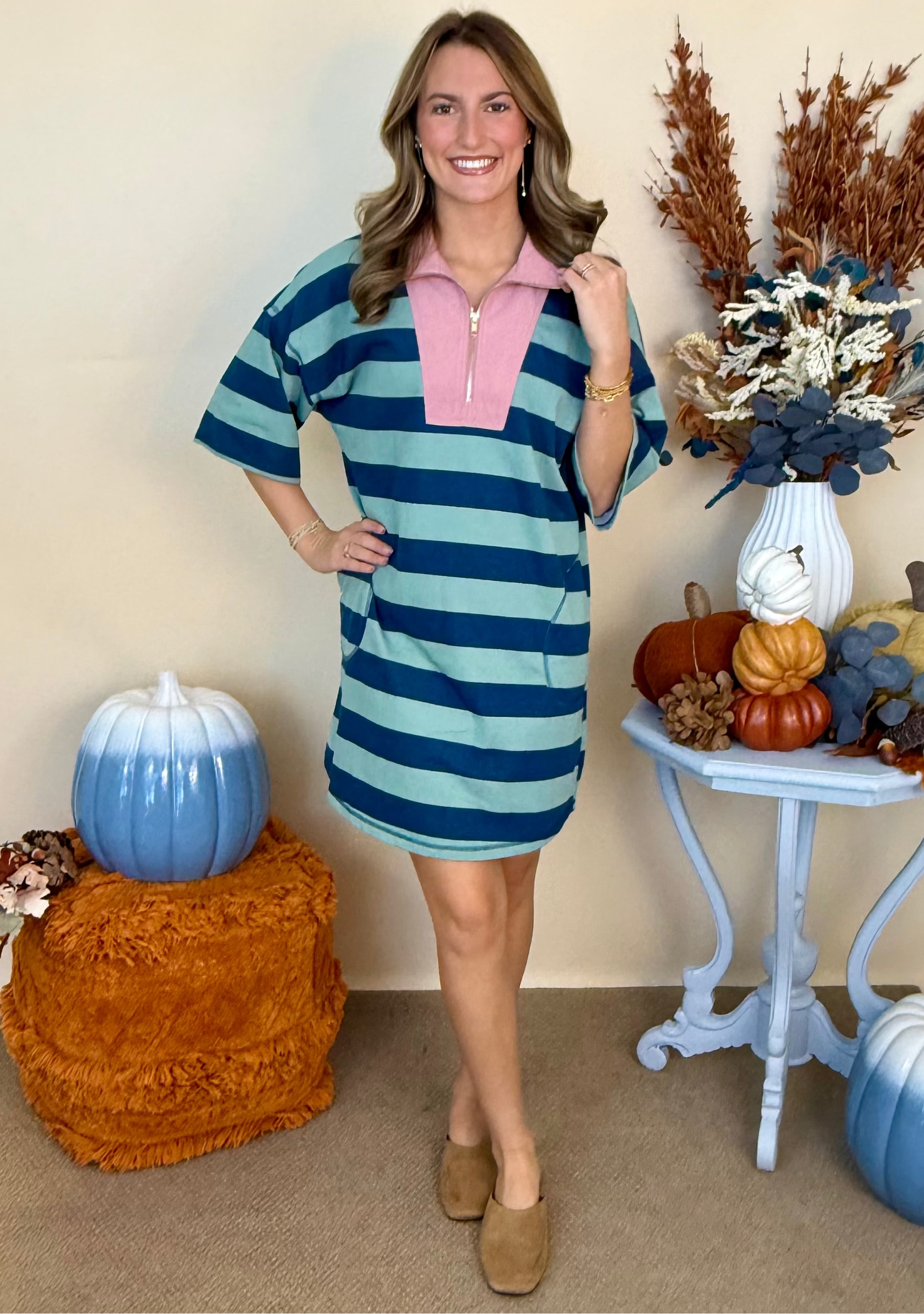 Let it Happen Sage/Teal Blue Stripe Trim Quarter Zip Dress-Shop-Womens-Boutique-Clothing