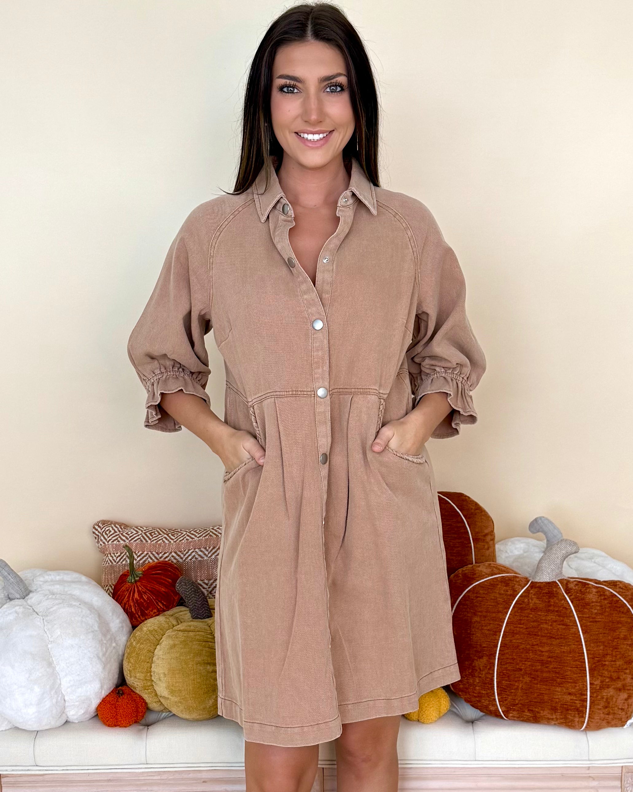 Next Day Washed Camel Braided Denim Dress-Shop-Womens-Boutique-Clothing