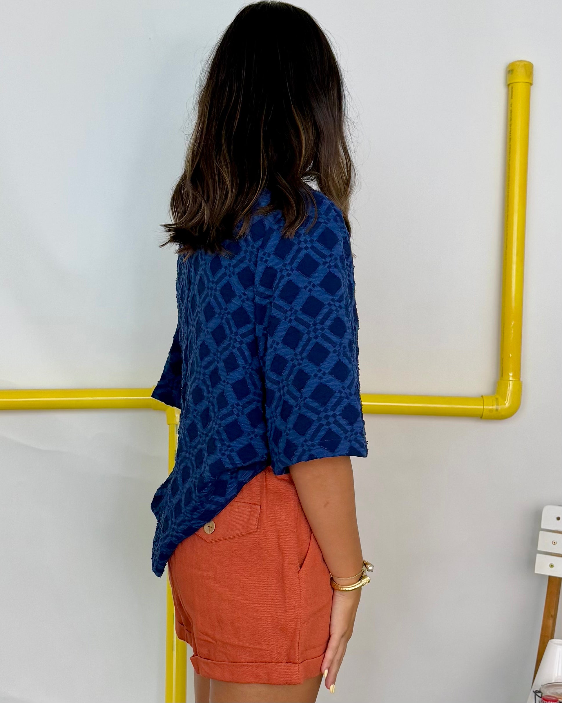 Look Your Best Navy Jacquard Ruffle Top-Shop-Womens-Boutique-Clothing