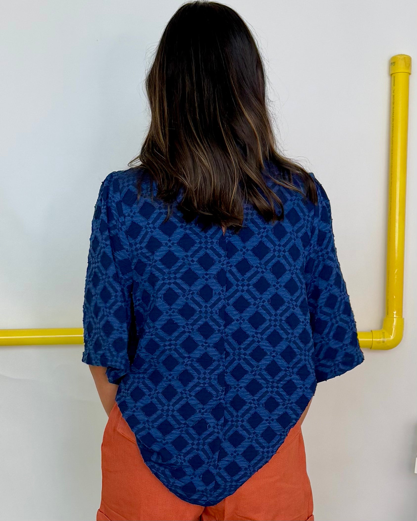 Look Your Best Navy Jacquard Ruffle Top-Shop-Womens-Boutique-Clothing