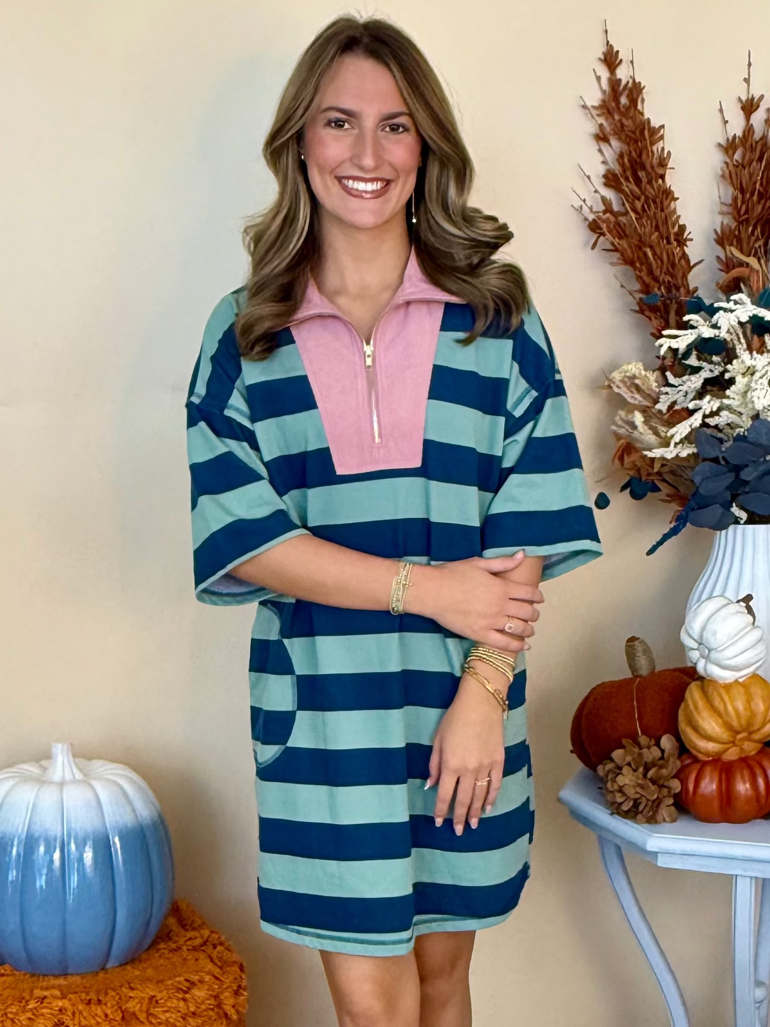 Let it Happen Sage/Teal Blue Stripe Trim Quarter Zip Dress-Shop-Womens-Boutique-Clothing
