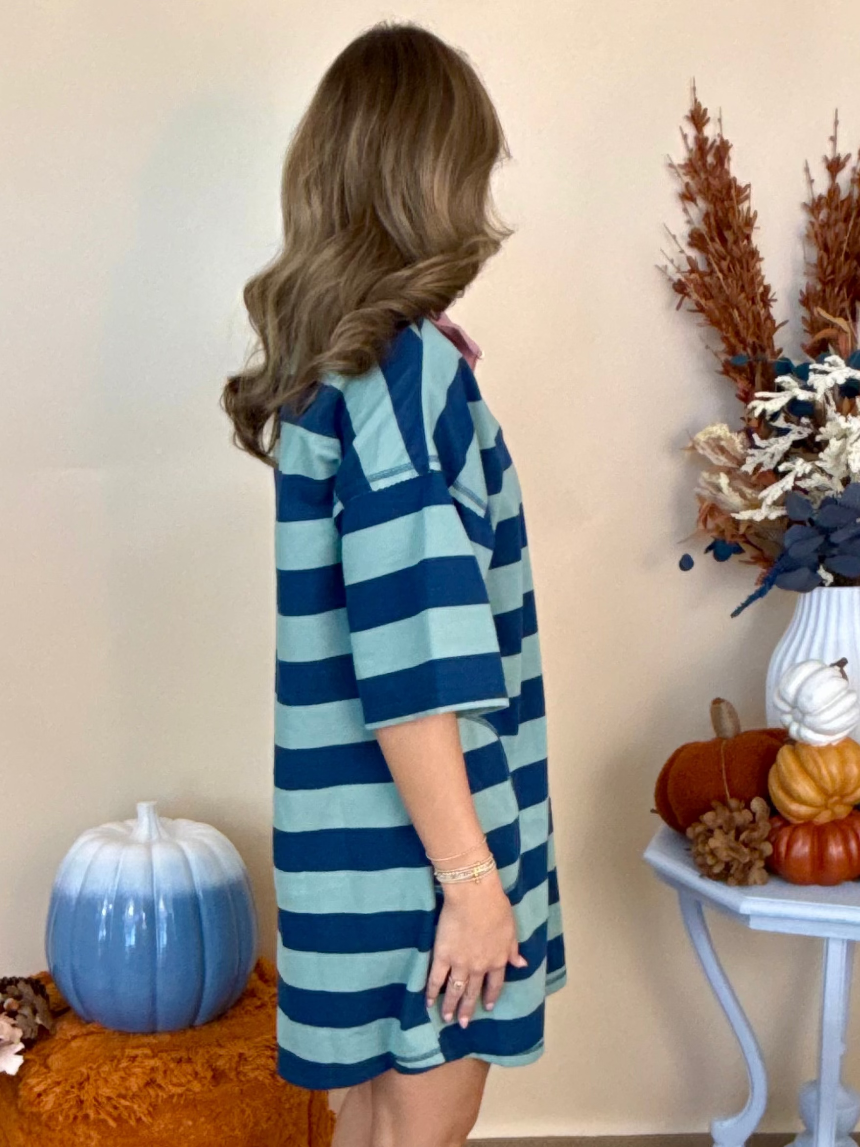 Let it Happen Sage/Teal Blue Stripe Trim Quarter Zip Dress-Shop-Womens-Boutique-Clothing