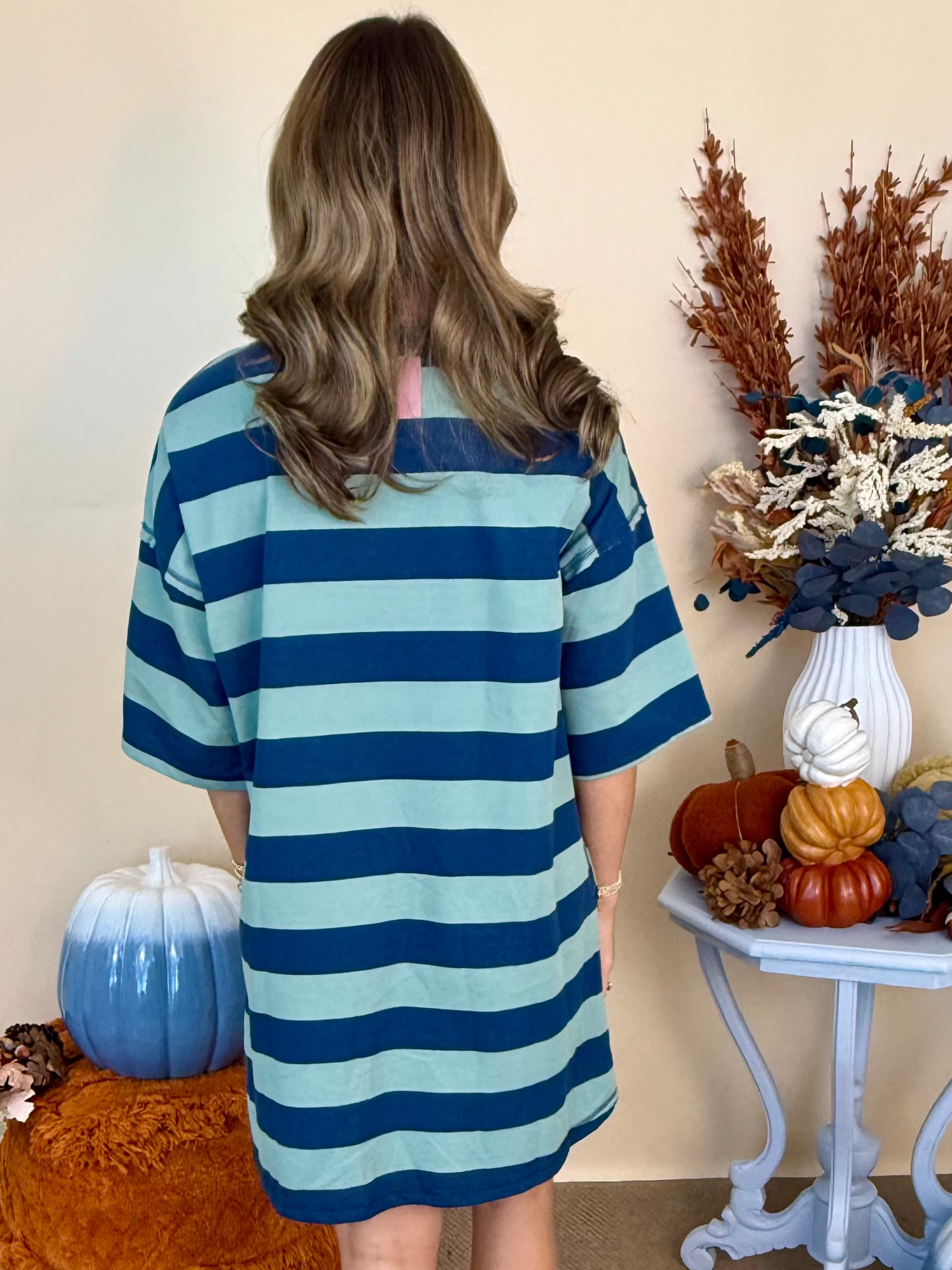 Let it Happen Sage/Teal Blue Stripe Trim Quarter Zip Dress-Shop-Womens-Boutique-Clothing