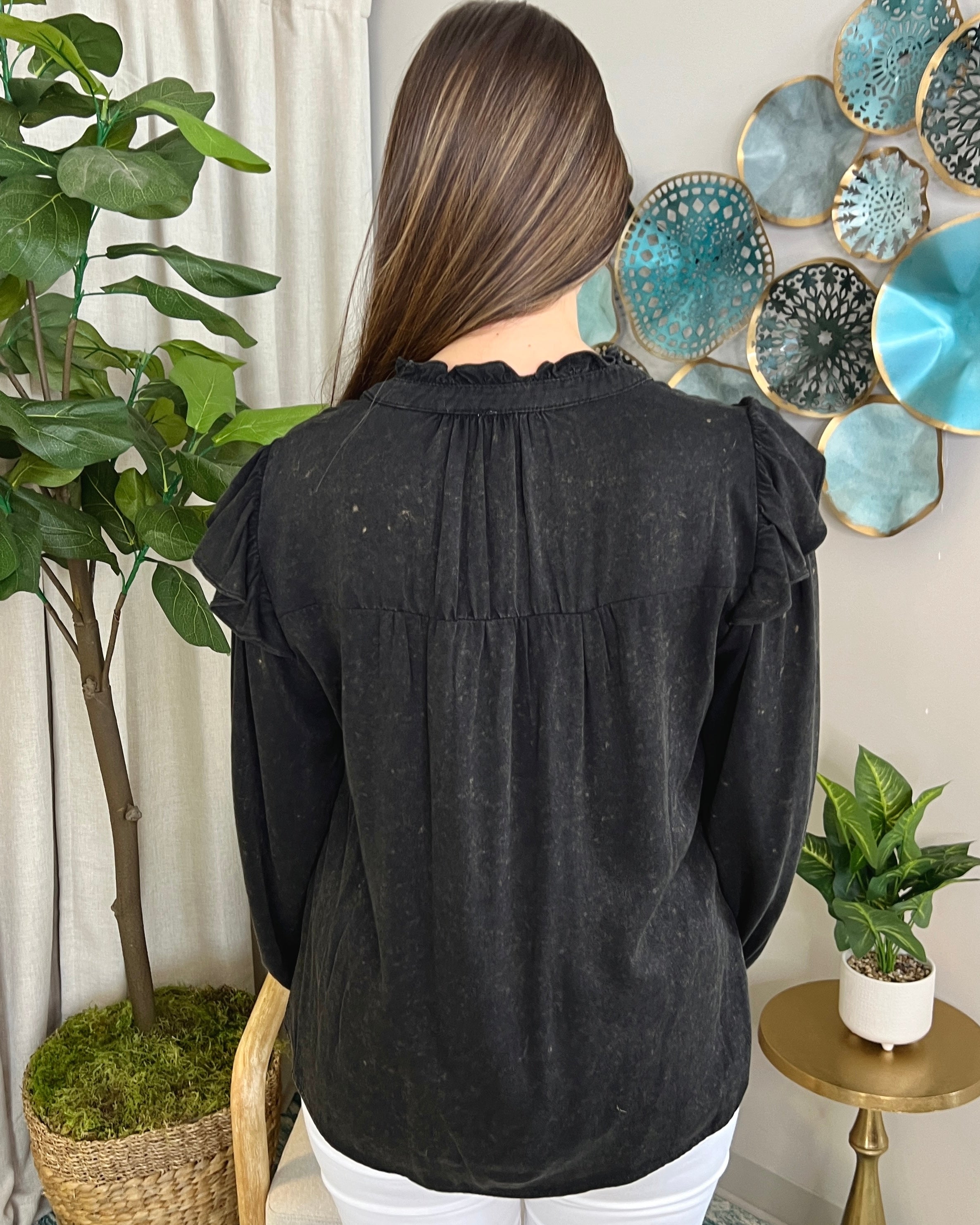 Crisp Fall Charcoal Mineral Washed Ruffle Top-Shop-Womens-Boutique-Clothing