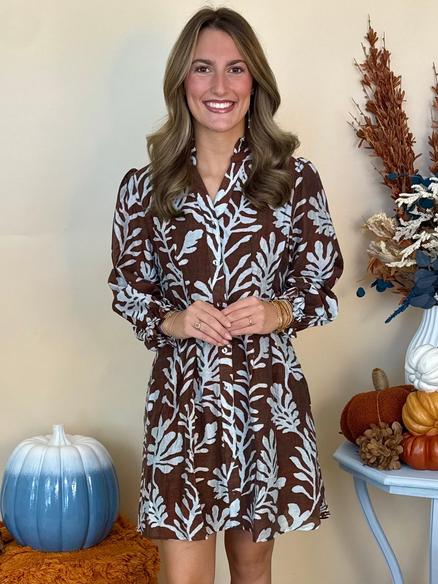 Quiet Beauty Chocolate Mix Leafy Print Button Down Dress-Shop-Womens-Boutique-Clothing