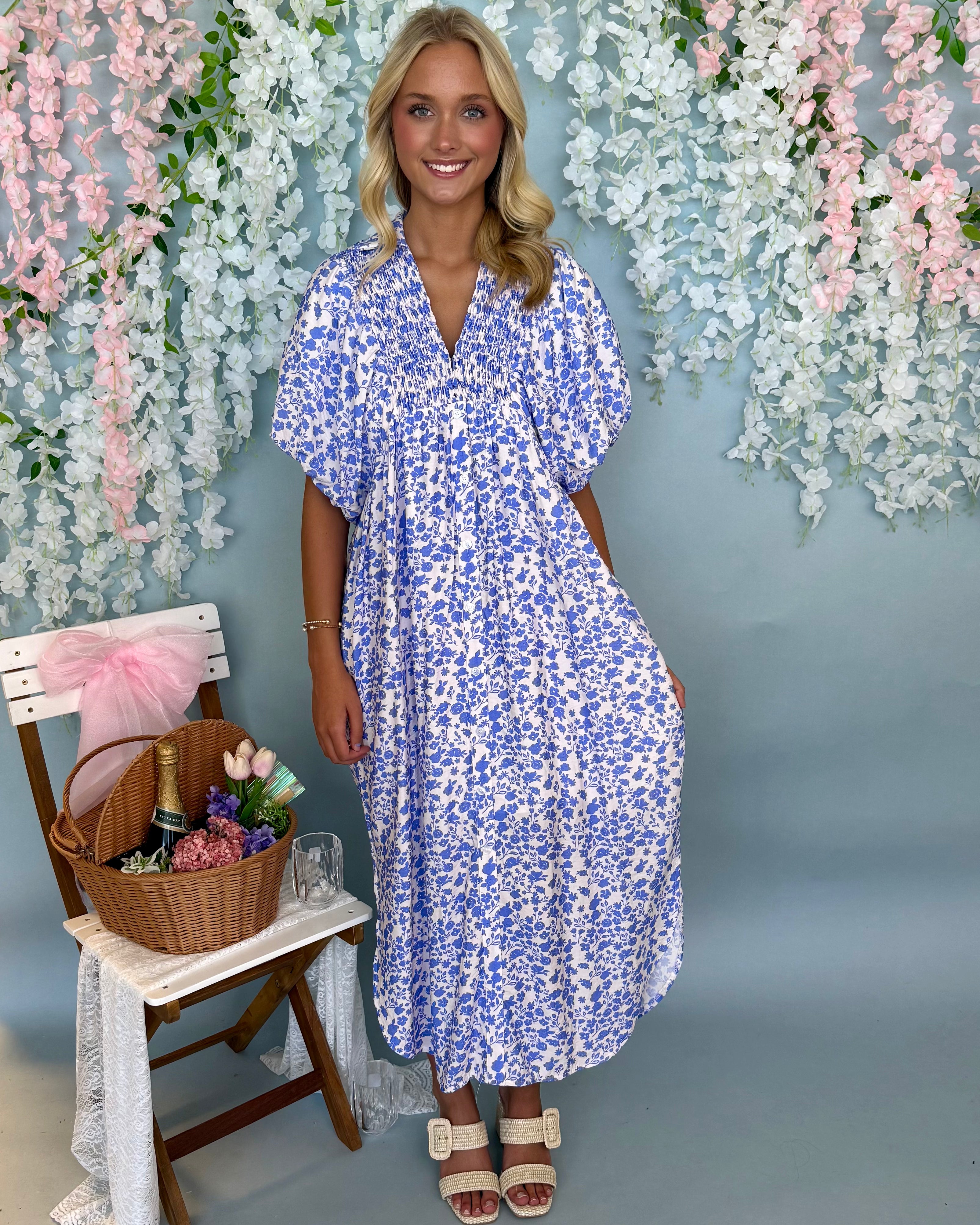 Long Road Blue Floral Midi Dress-Shop-Womens-Boutique-Clothing