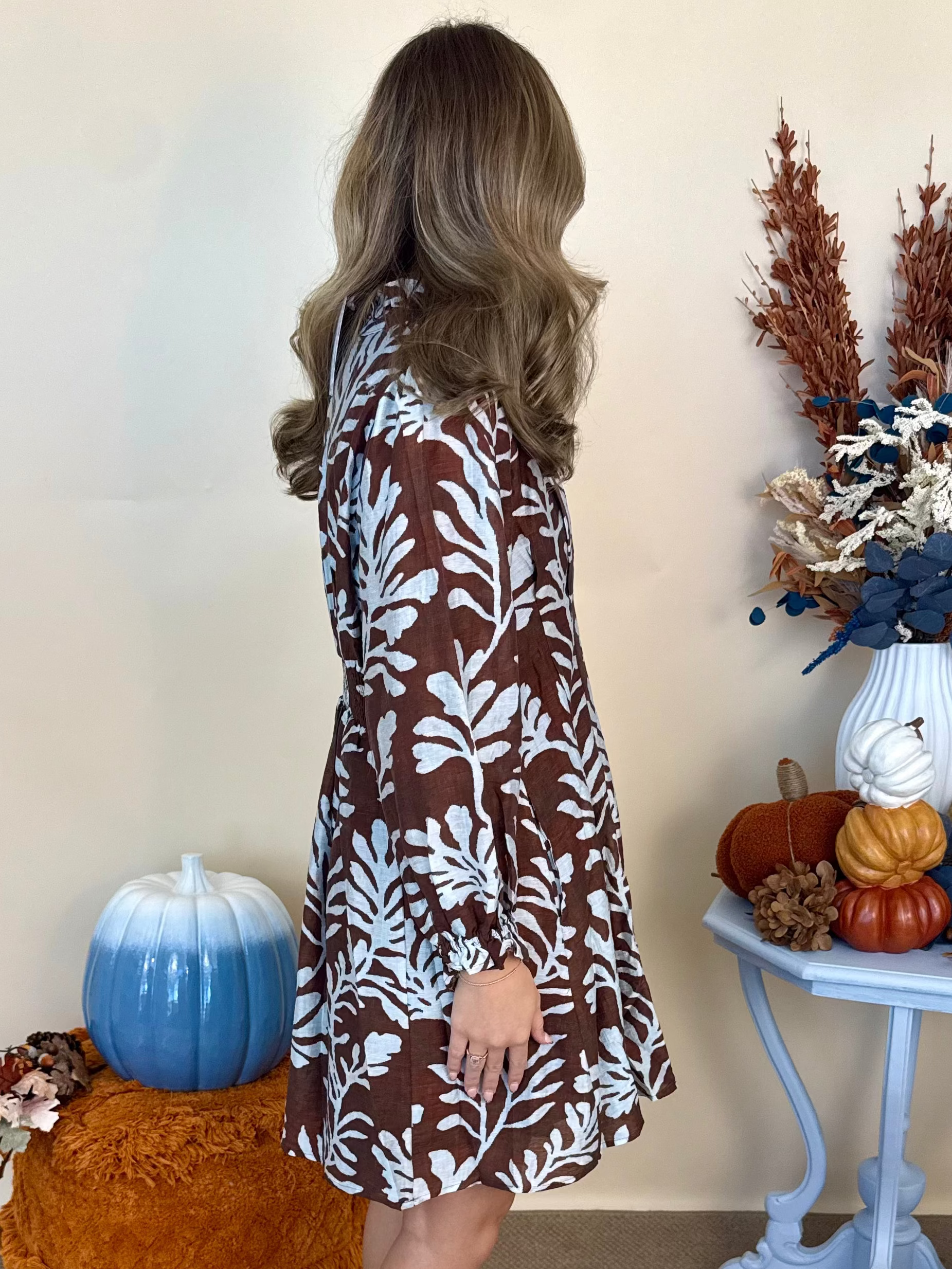 Quiet Beauty Chocolate Mix Leafy Print Button Down Dress-Shop-Womens-Boutique-Clothing