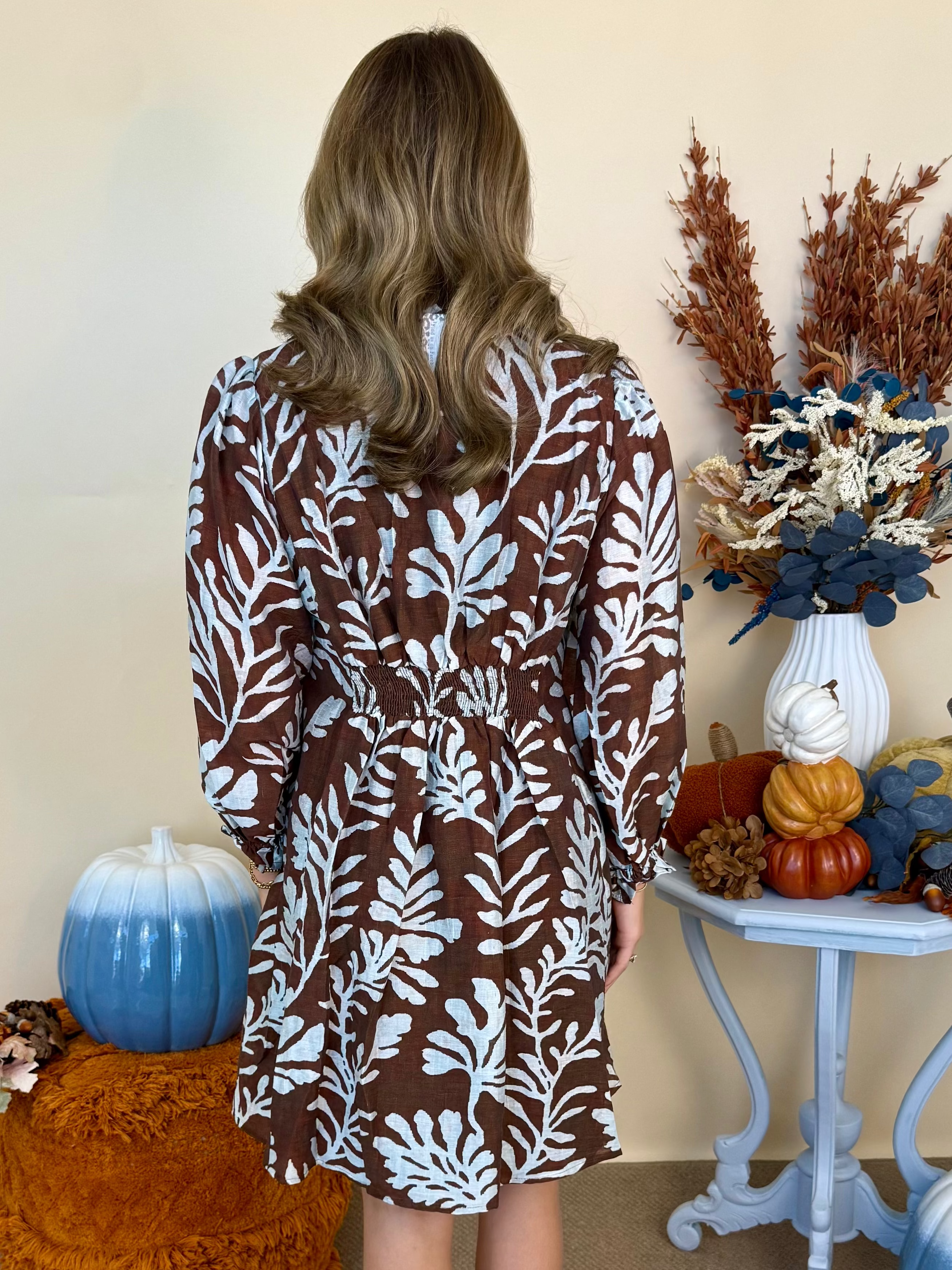Quiet Beauty Chocolate Mix Leafy Print Button Down Dress-Shop-Womens-Boutique-Clothing