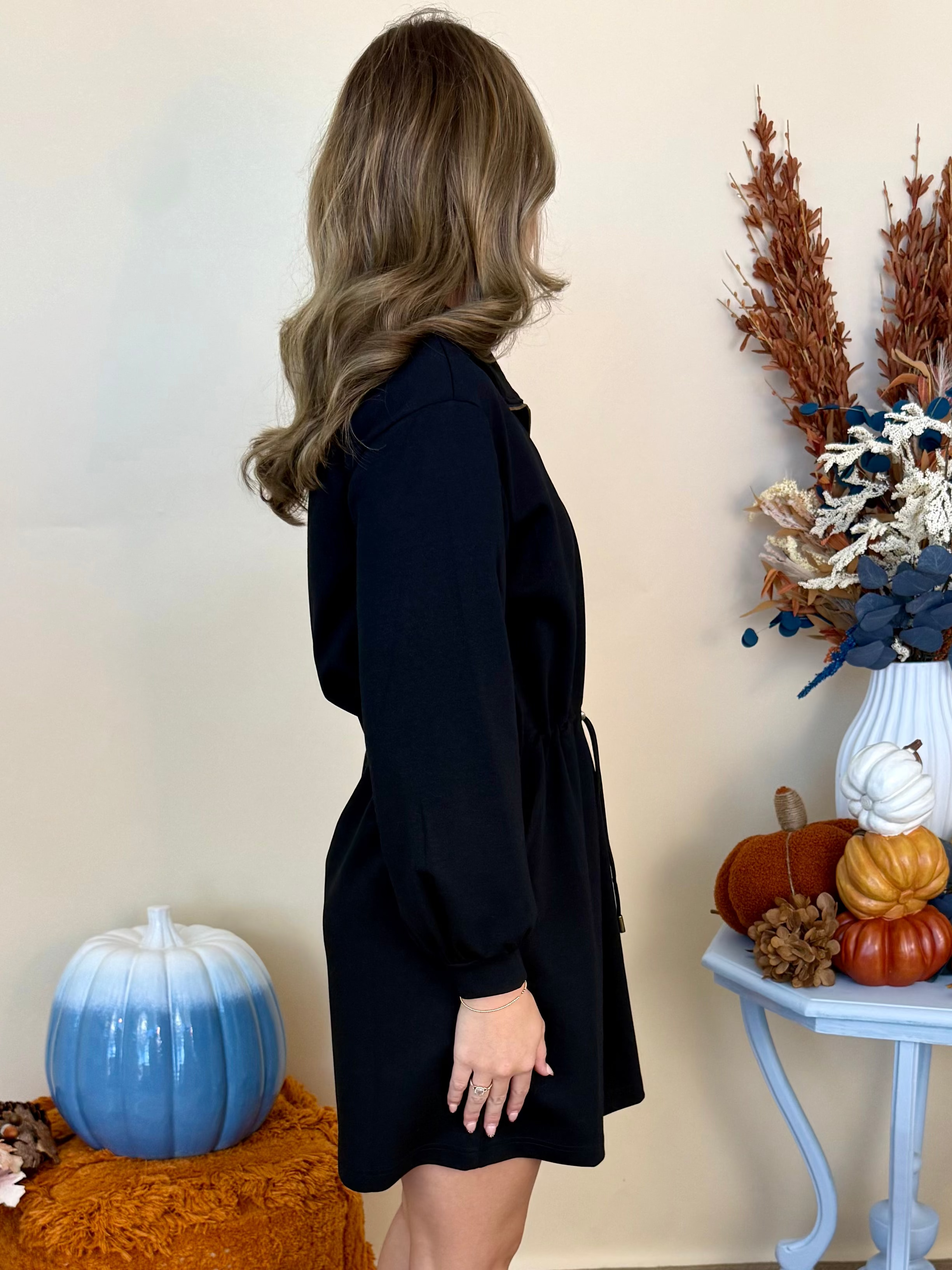 Let You Win Black Zip Drawstring Dress-Shop-Womens-Boutique-Clothing