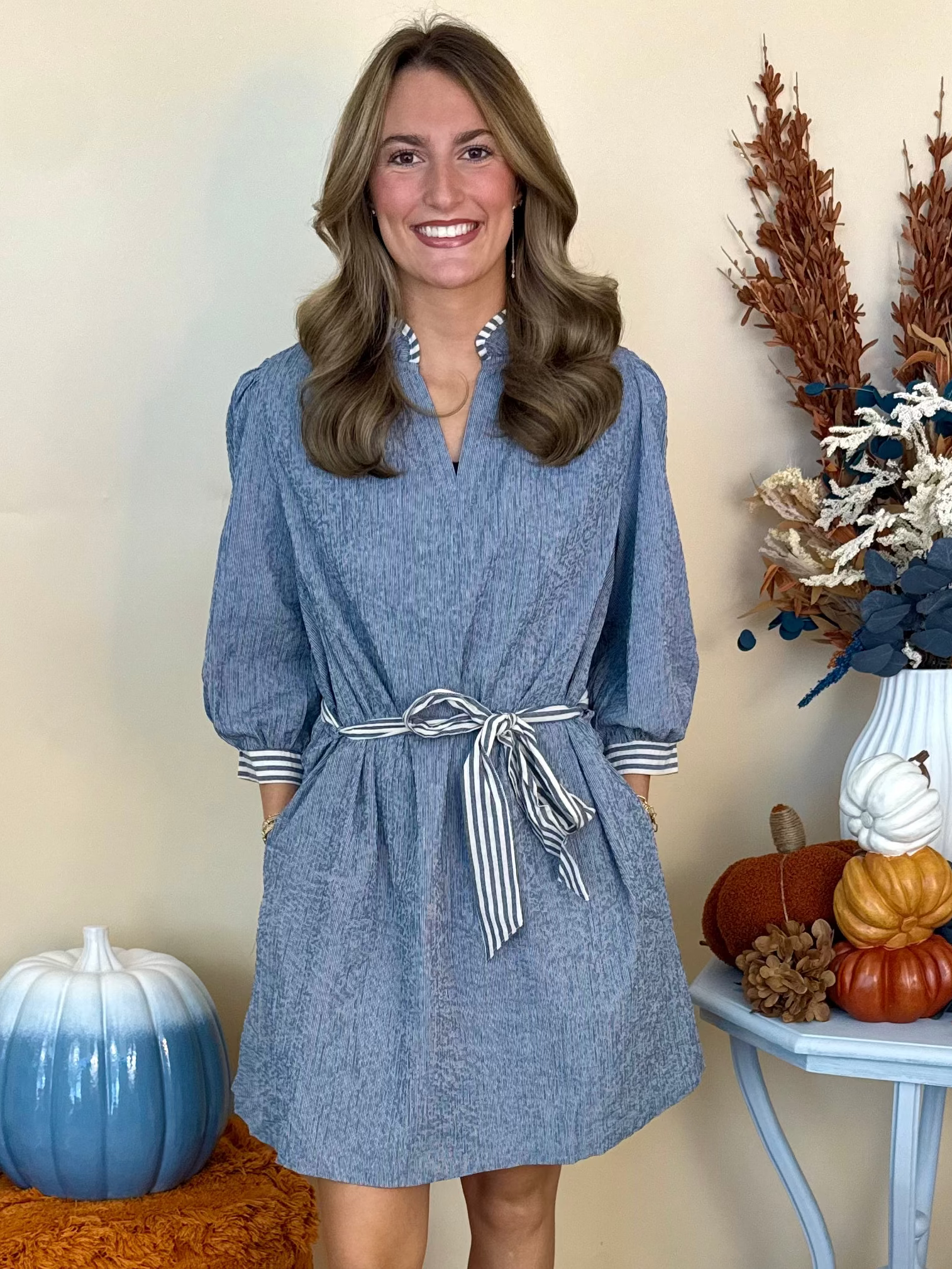 Darling Daydream Denim Frilled V-Neck 3/4 Sleeve Dress-Shop-Womens-Boutique-Clothing