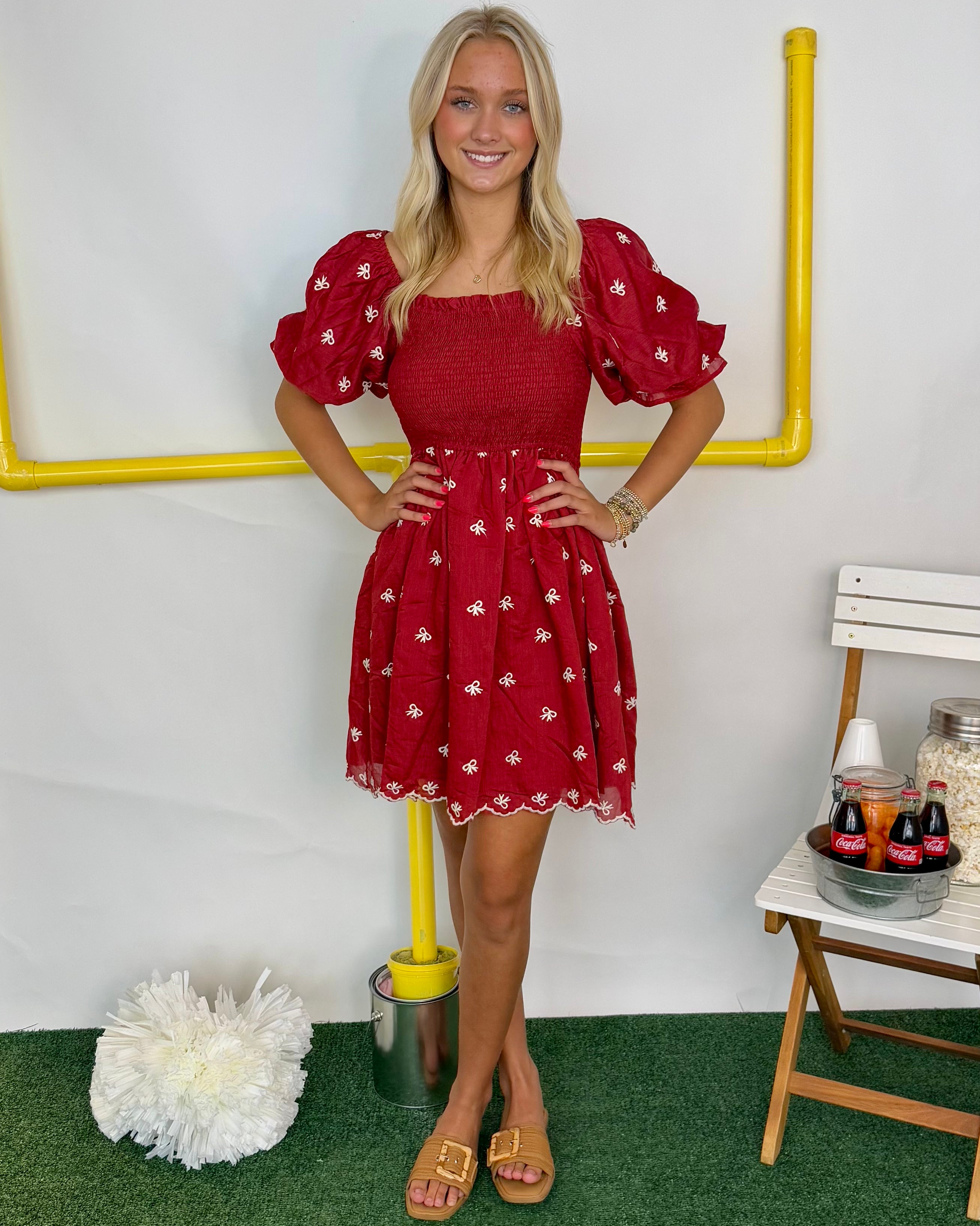 Lovely Days Red Bow Embroidered Dress-Shop-Womens-Boutique-Clothing