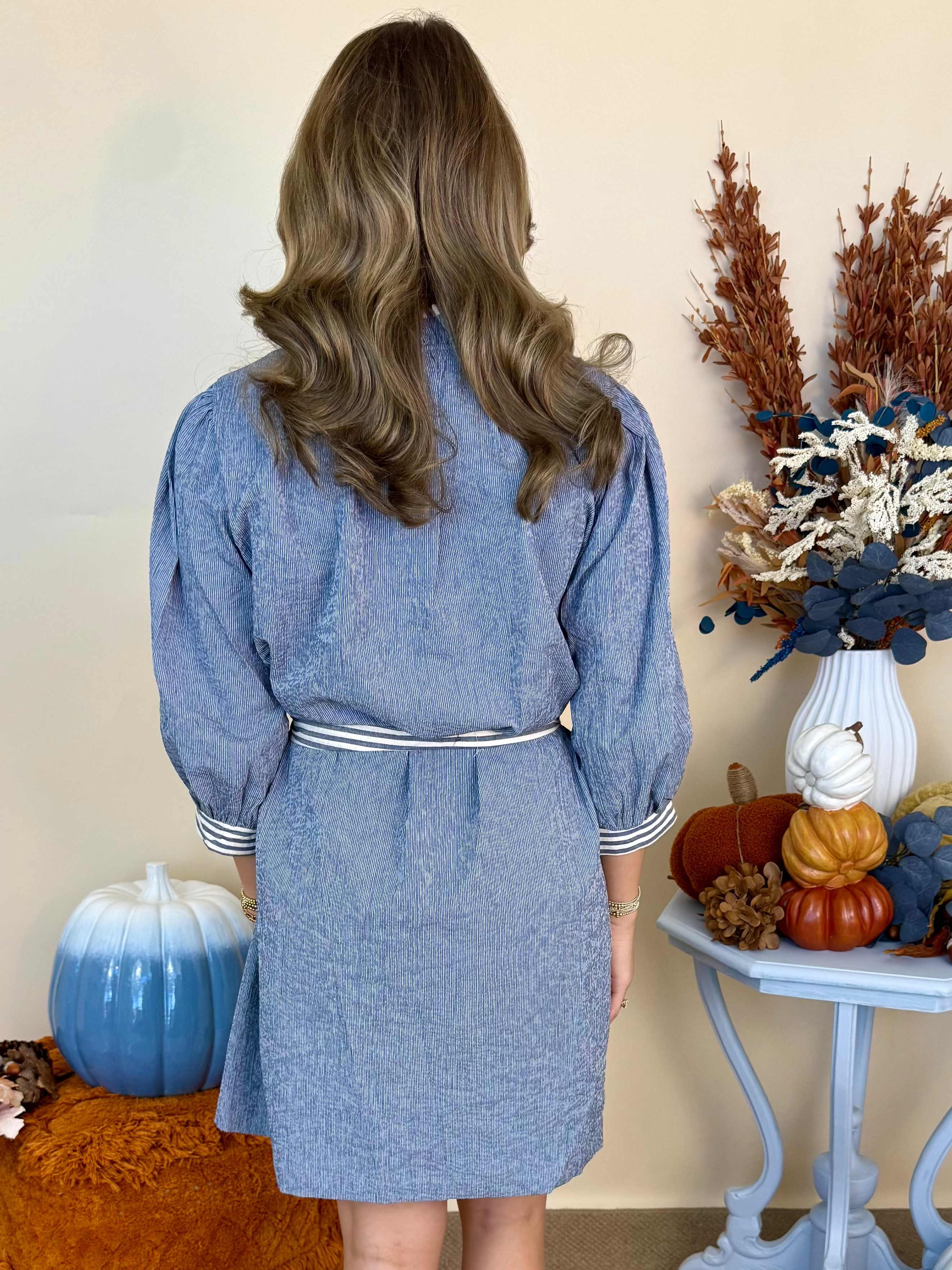 Darling Daydream Denim Frilled V-Neck 3/4 Sleeve Dress-Shop-Womens-Boutique-Clothing