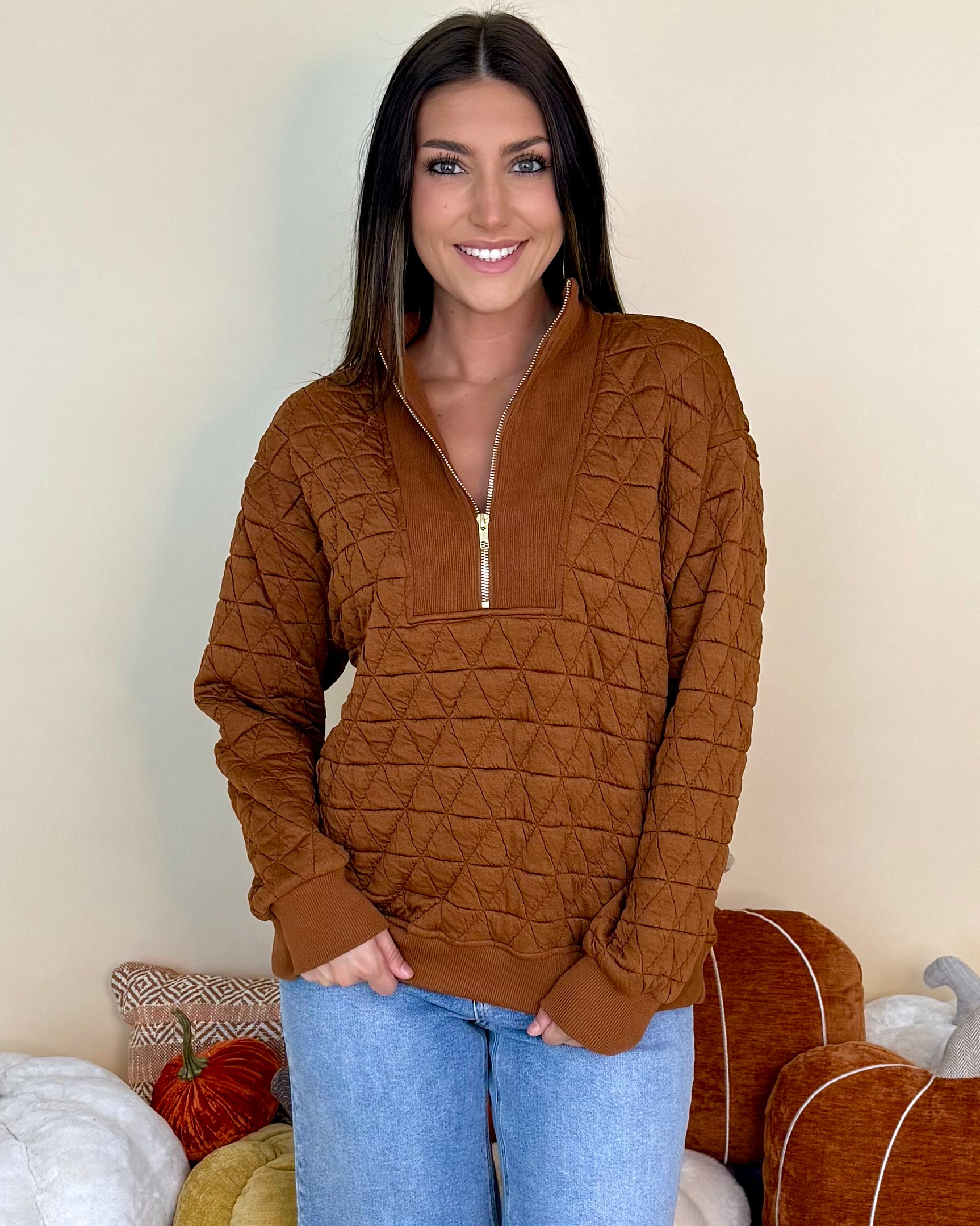 Pure Comfort Copper Quilted Half Zip Top-Shop-Womens-Boutique-Clothing