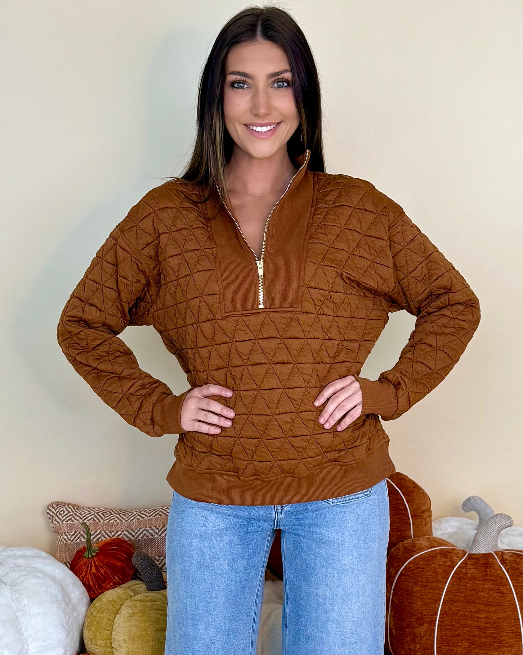Pure Comfort Copper Quilted Half Zip Top-Shop-Womens-Boutique-Clothing