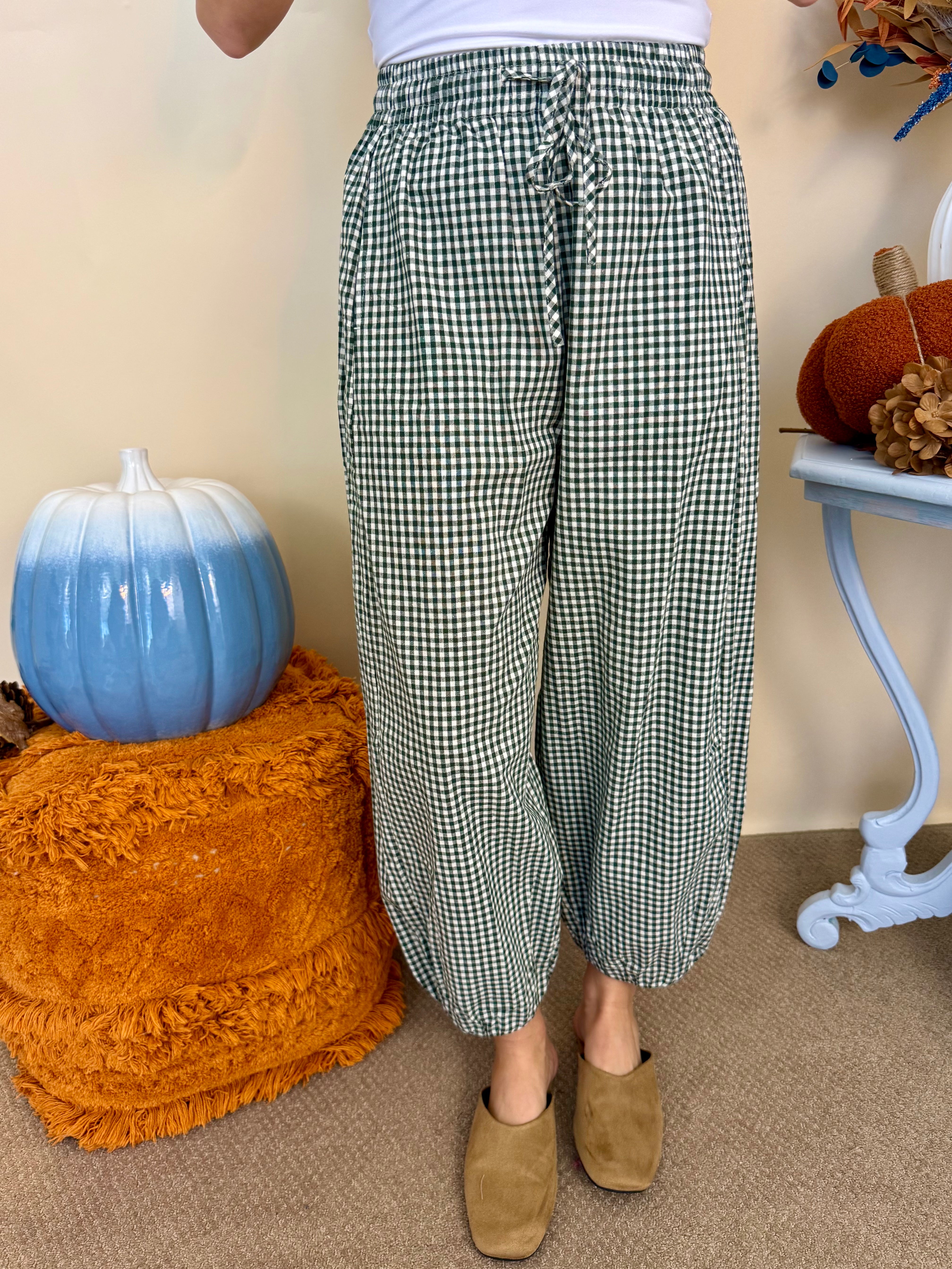 All the Feels H Green Gingham Barrel Leg Pants-Shop-Womens-Boutique-Clothing