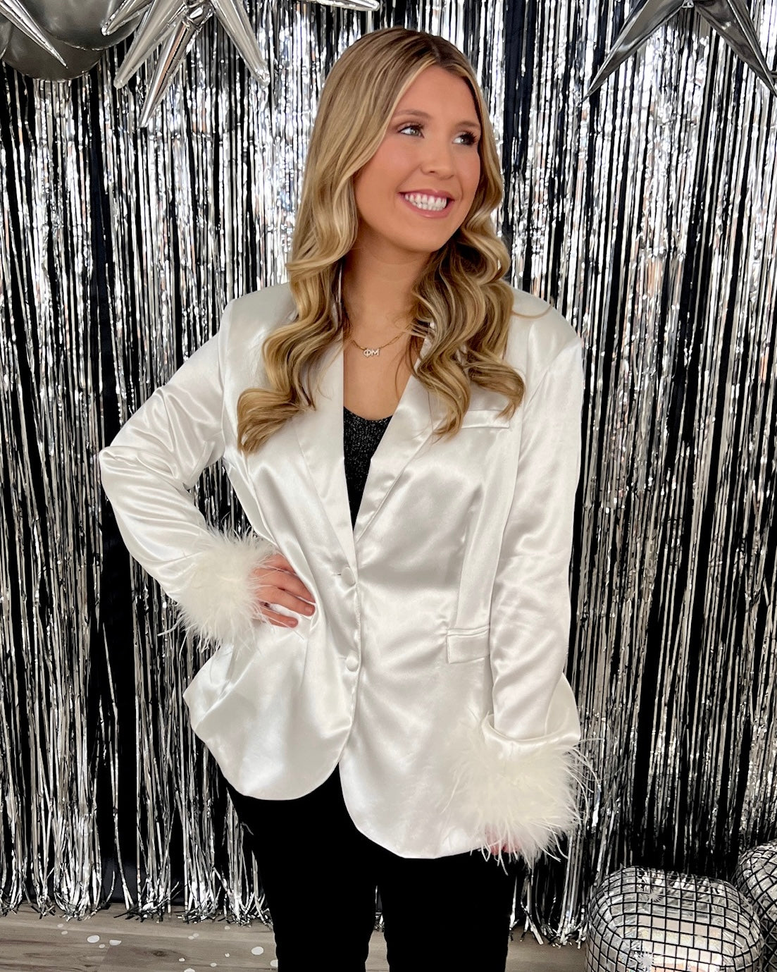 Sleigh Away White Satin Fur Sleeve Blazer-Shop-Womens-Boutique-Clothing