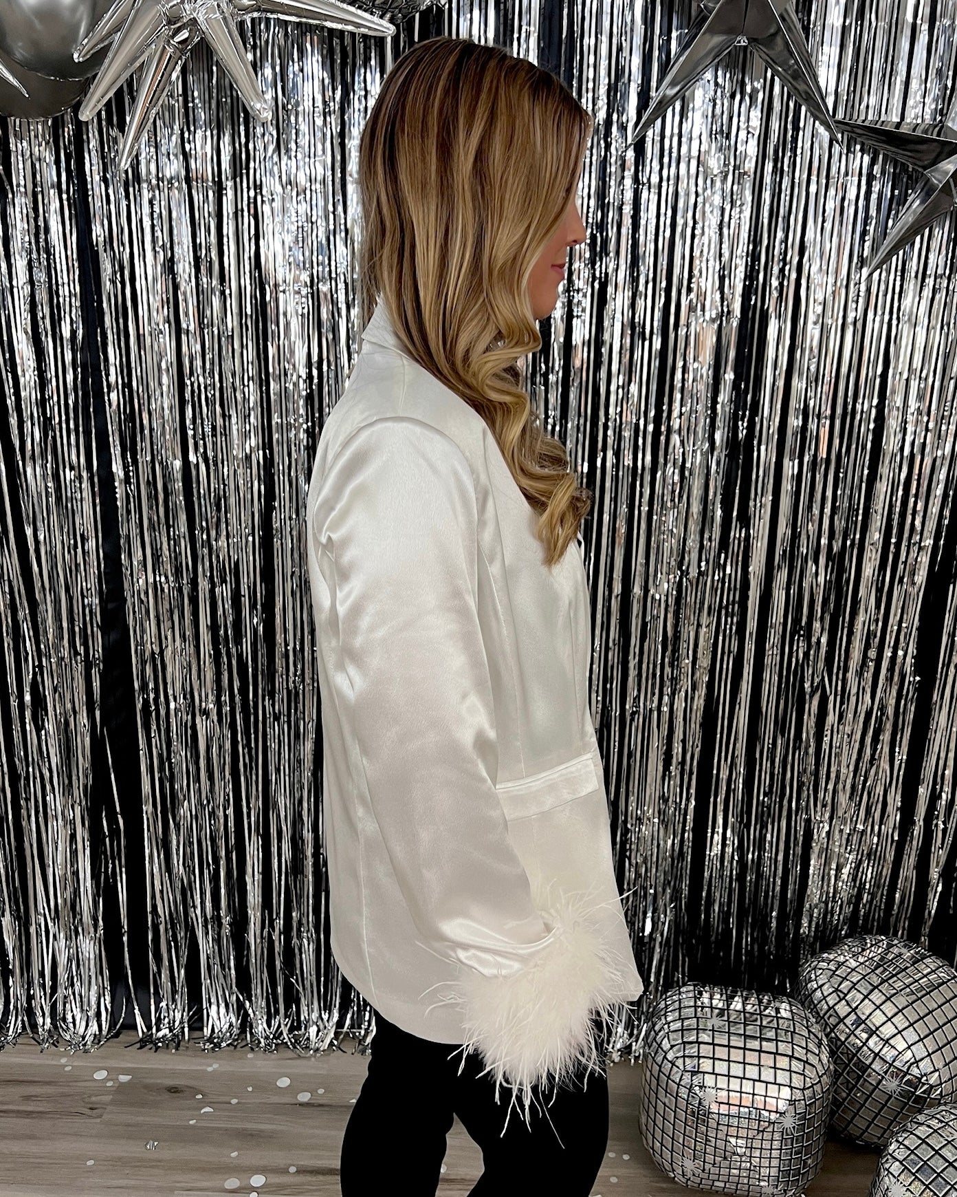 Sleigh Away White Satin Fur Sleeve Blazer-Shop-Womens-Boutique-Clothing