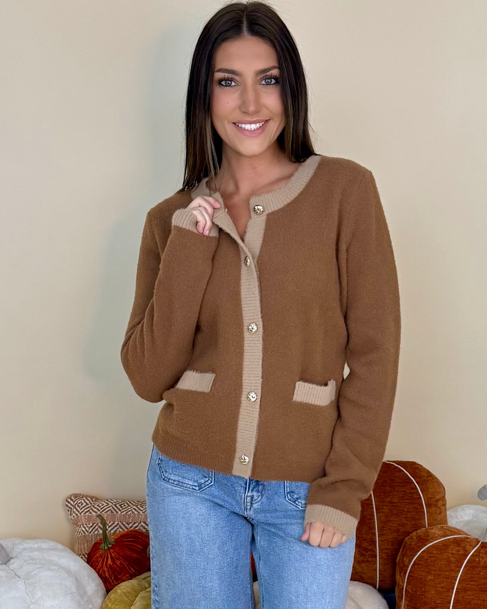 Endless Charm Latte Button Contrast Cardigan-Shop-Womens-Boutique-Clothing