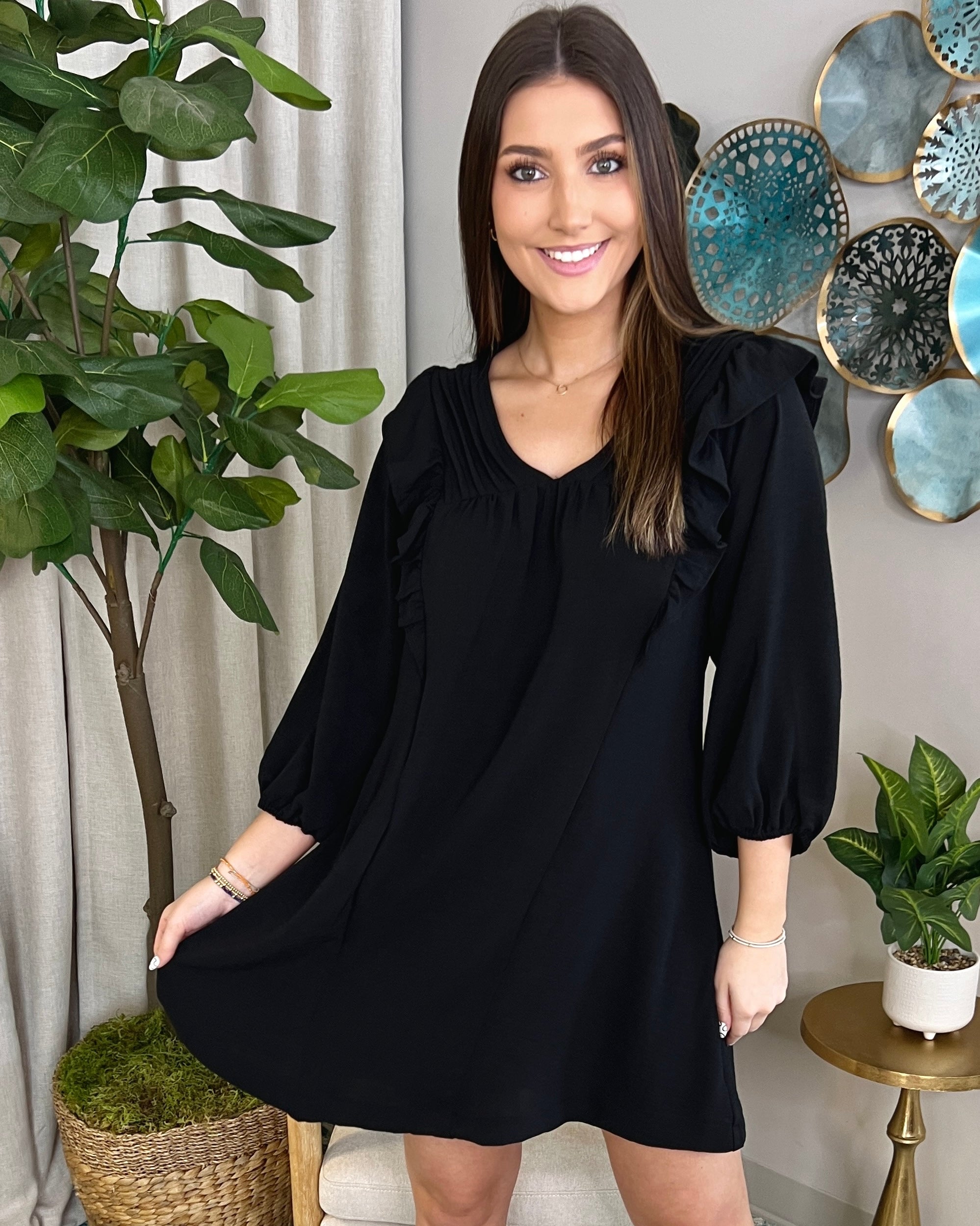 Let's Go Out Black Pintuck Ruffle Dress-Shop-Womens-Boutique-Clothing