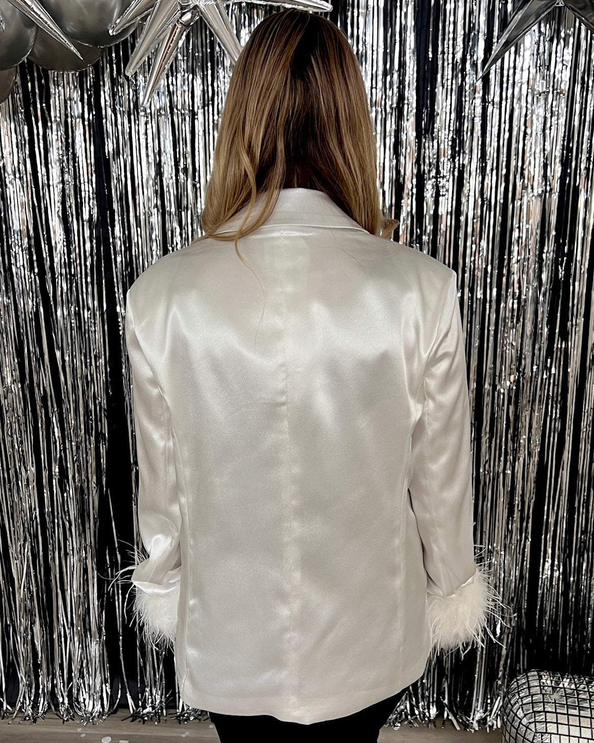 Sleigh Away White Satin Fur Sleeve Blazer-Shop-Womens-Boutique-Clothing