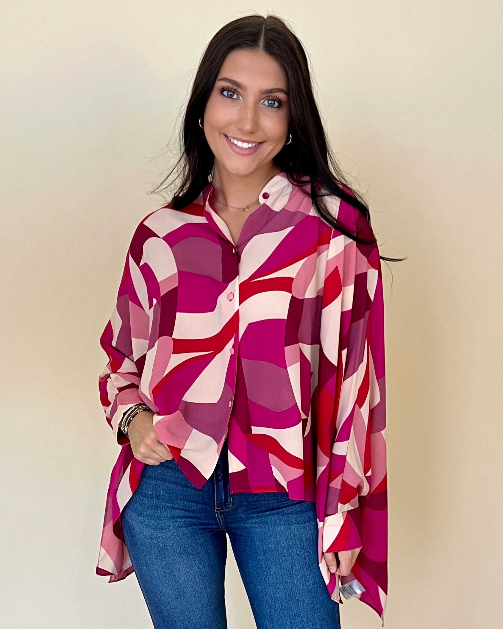 Sweet Feelings Hot Pink Abstract Button Down Top-Shop-Womens-Boutique-Clothing