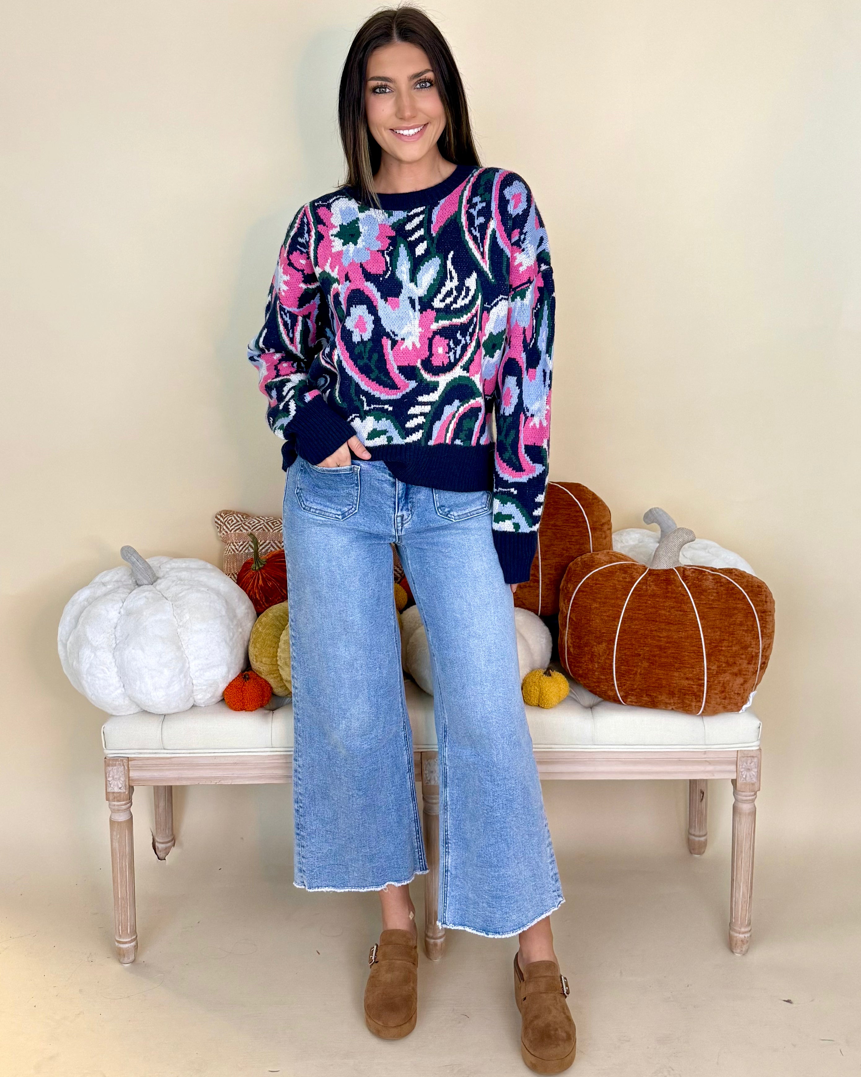 World Is Yours Navy/Pink Paisley Sweater-Shop-Womens-Boutique-Clothing